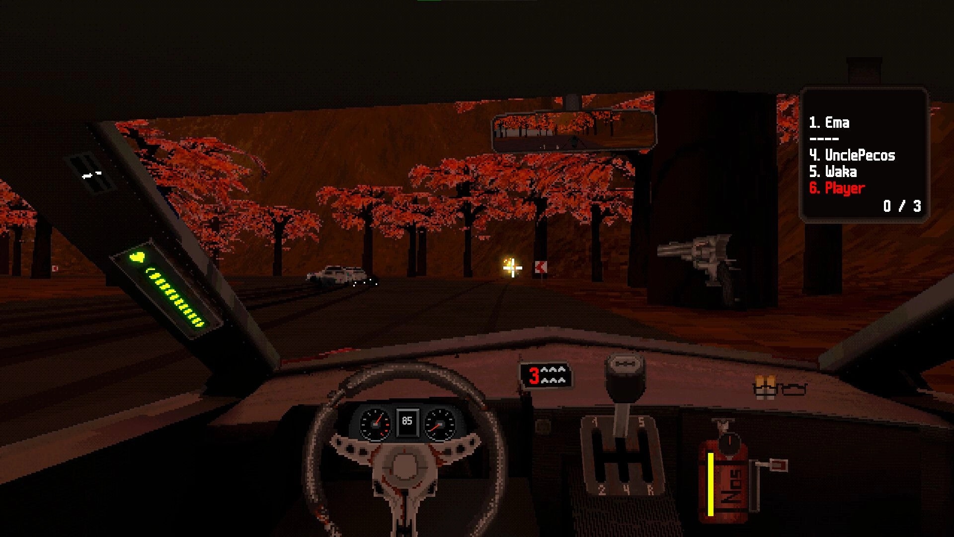 Half Grip: First-person driving HUD with crosshair and pistol on autumn forest road track.