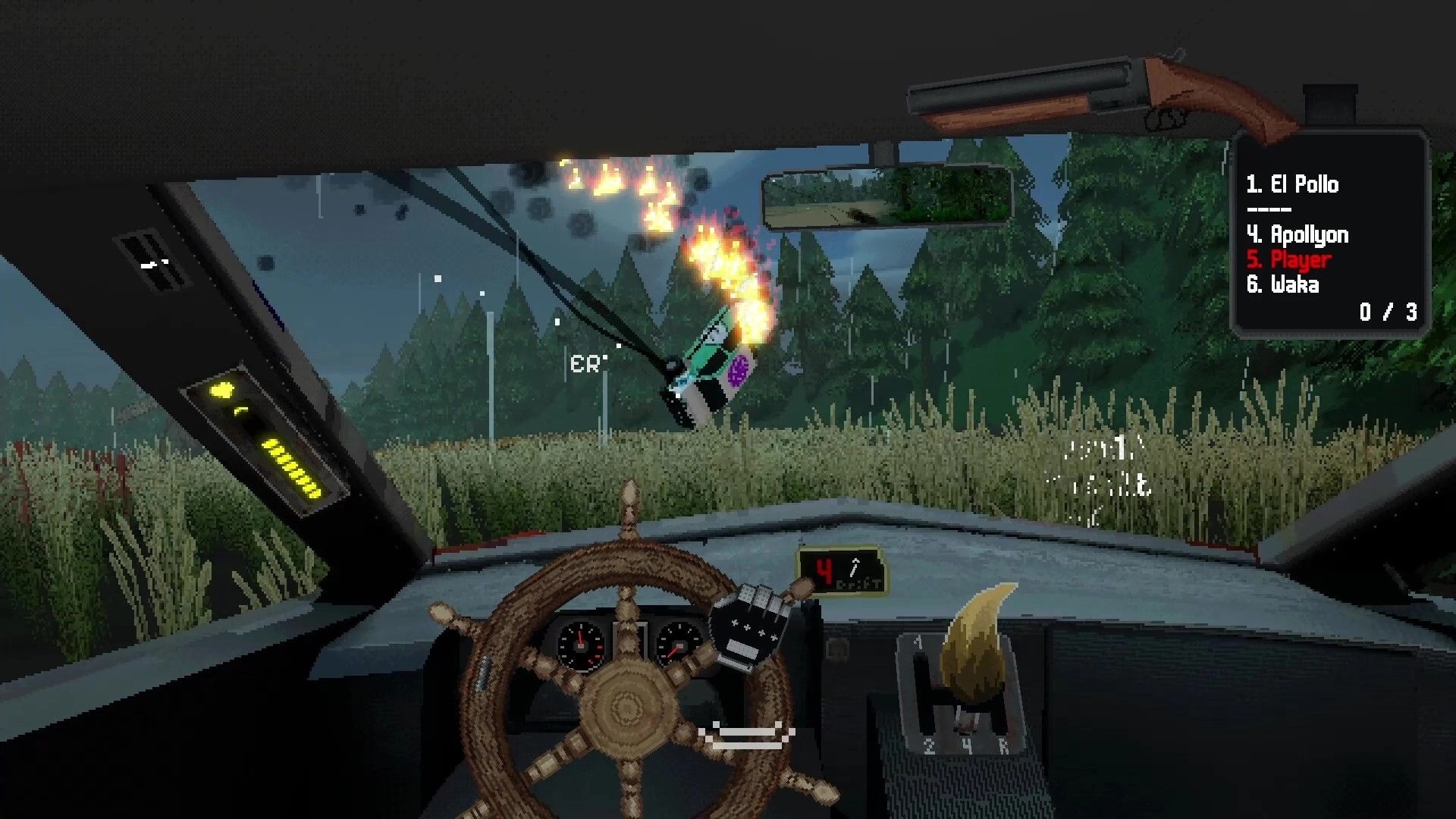 Half Grip: First-person cockpit view as a flaming rival car flips in rain beside a forest track UI leaderboard.