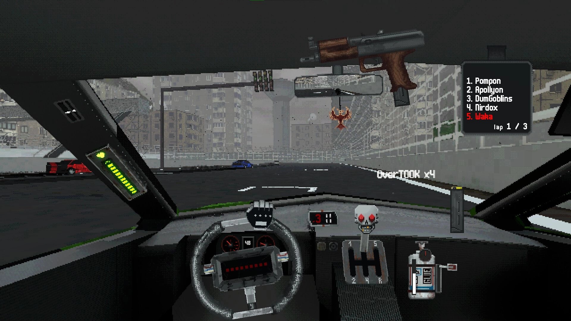Half Grip: Cockpit view racing on urban track with leaderboard, lap 1/3, and gun on windshield.