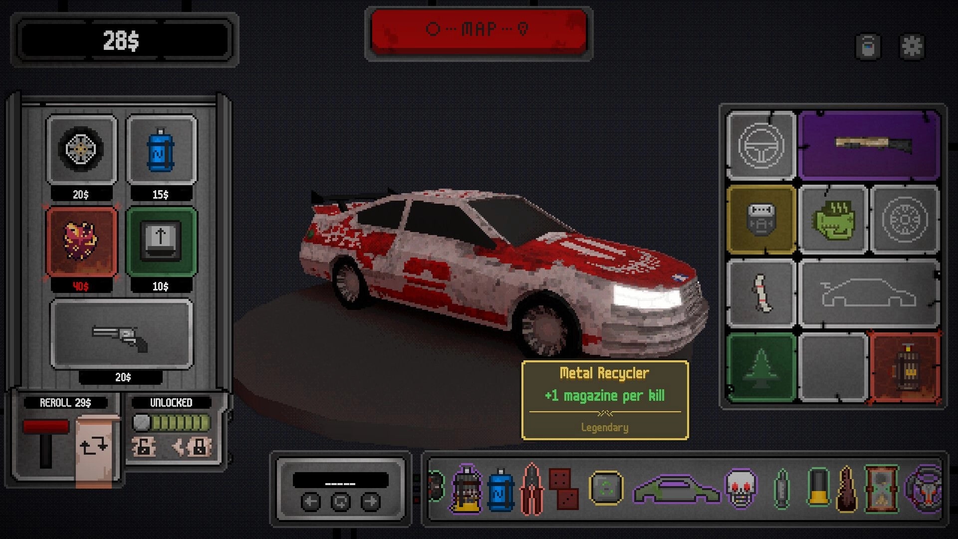 Half Grip: Garage upgrade screen with blood-splattered car, shop items, and Metal Recycler perk tooltip.