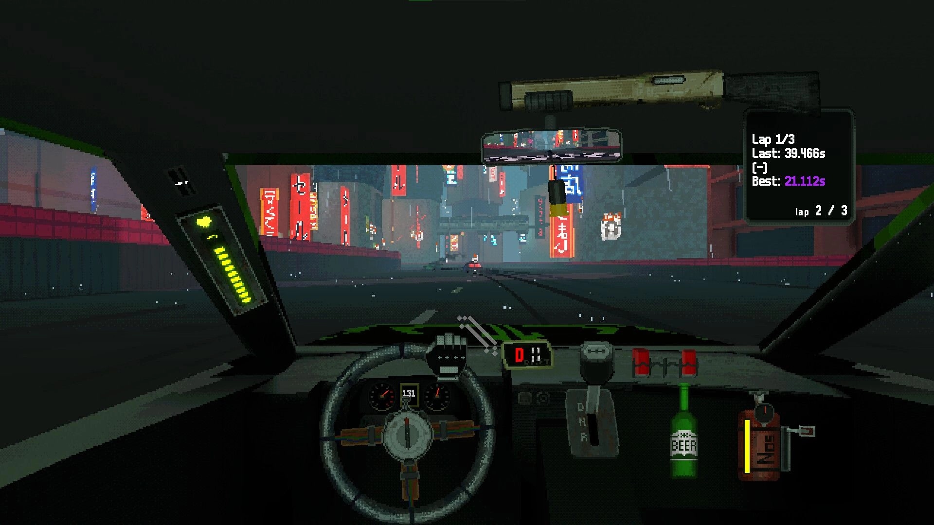 Half Grip: Cockpit racing view with shotgun on dash, lap timer UI, neon city highway ahead.