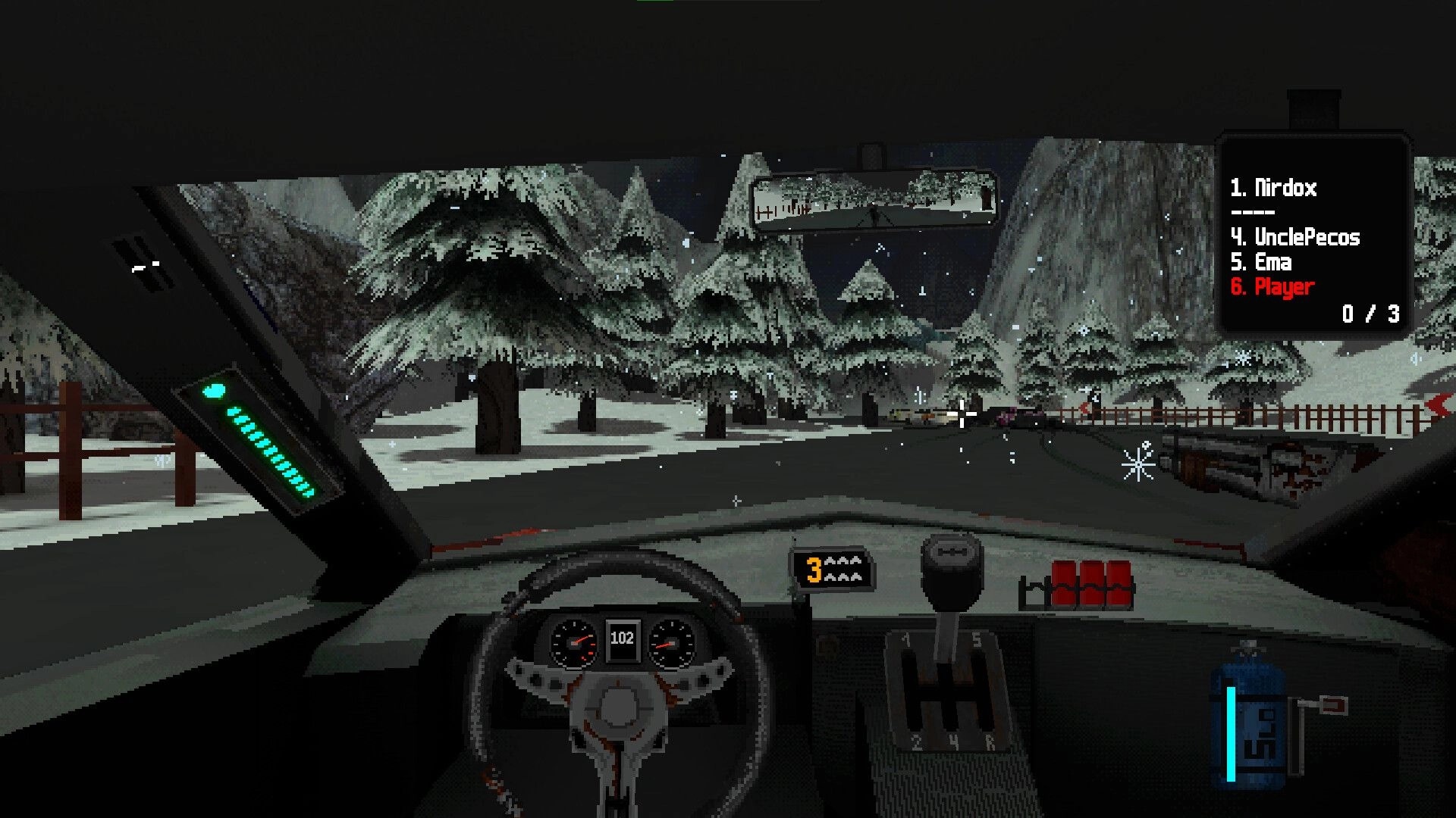 Half Grip: Cockpit view racing on snowy forest road with crosshair HUD, speedometer, and rank list.