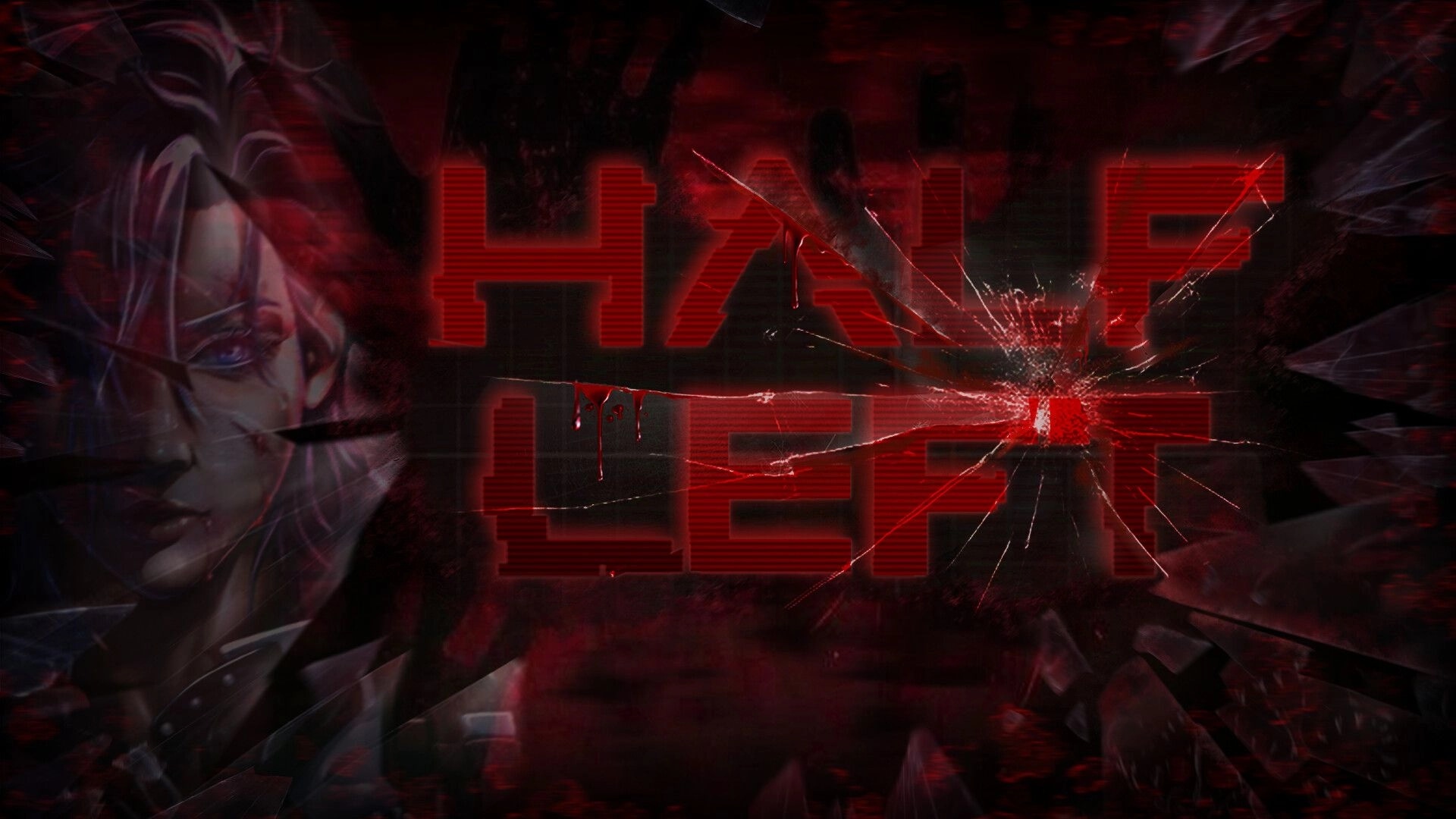 Half Left: Blood-red title logo over shattered glass with a grim face emerging in darkness.