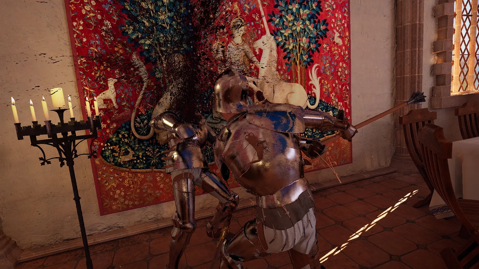 Half Sword: Two armored knights in brutal melee combat inside a candle-lit medieval hall with tapestry.