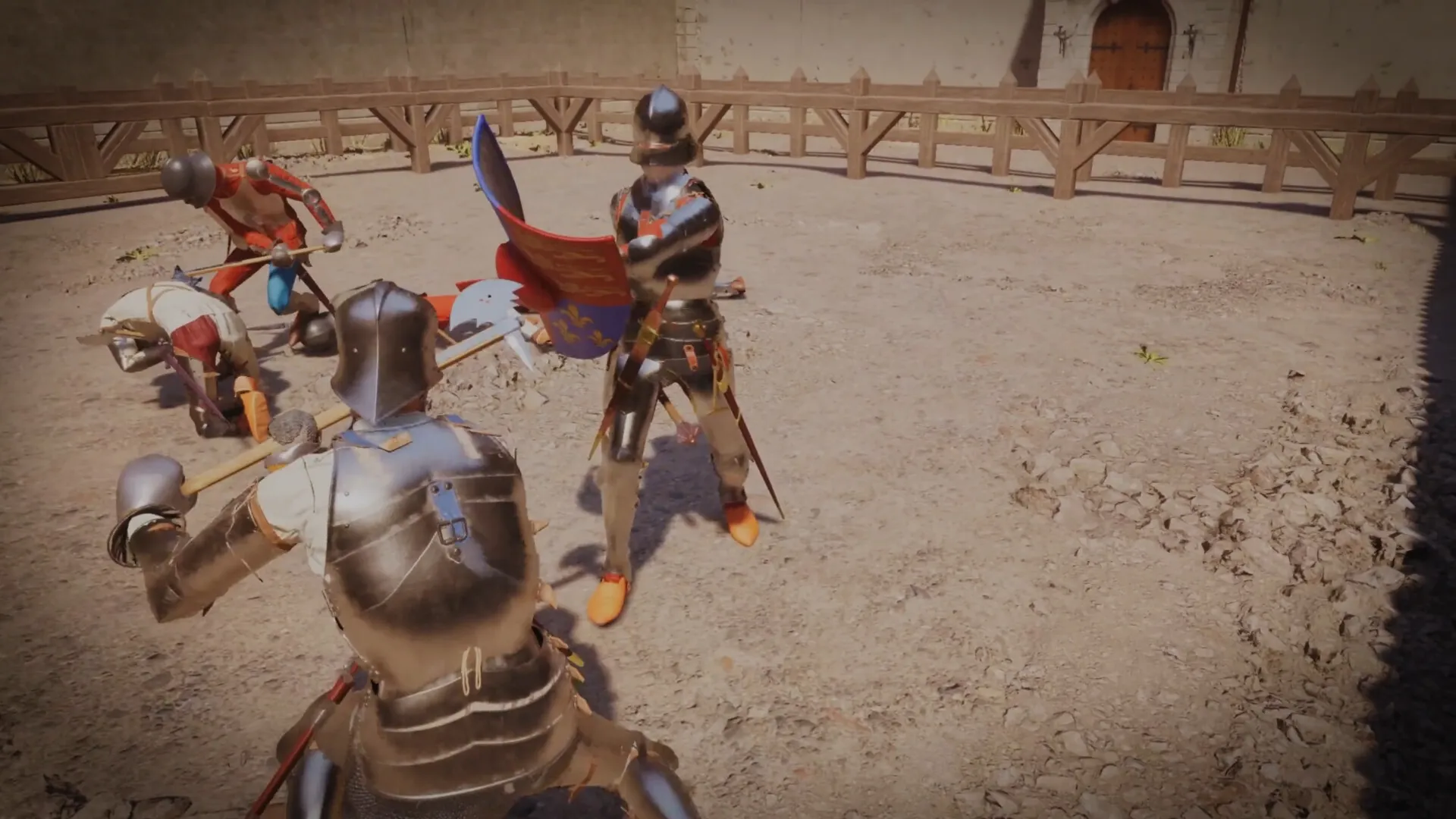 Half Sword: Armored knights engage in combat with swords and shields in a sandy arena environment