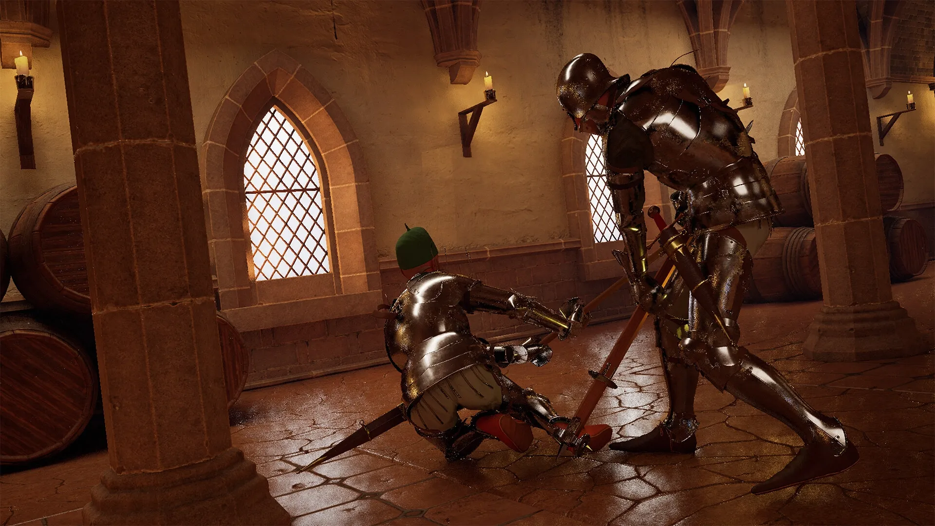 Half Sword: Two armored knights engage in close combat inside a medieval hall lit by candlelight.