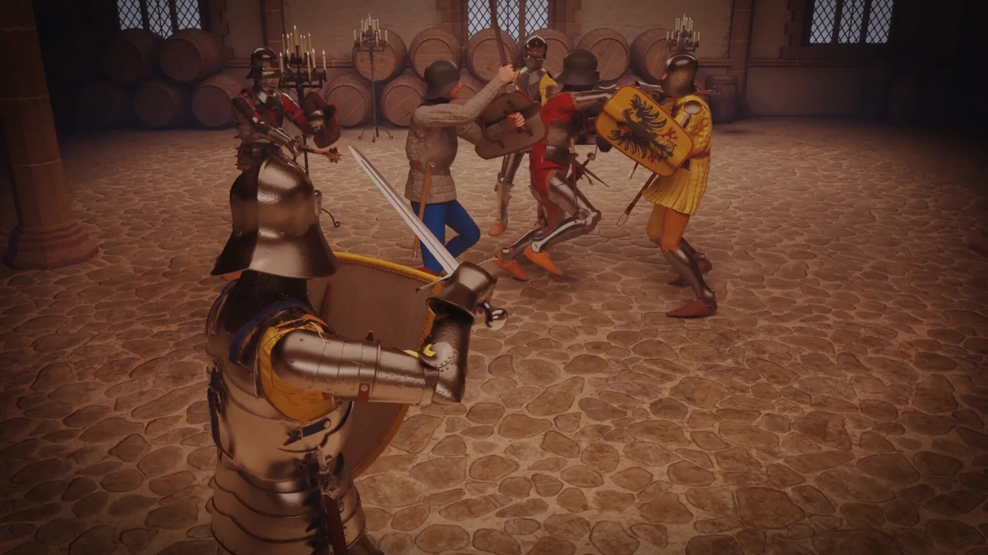 Half Sword: Armored knights in intense melee combat inside a medieval hall with stone floor and barrels