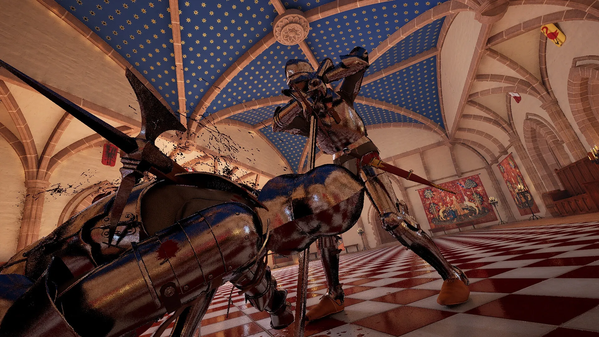 Half Sword: Armored knight in brutal melee combat in ornate medieval hall with checkered floor.
