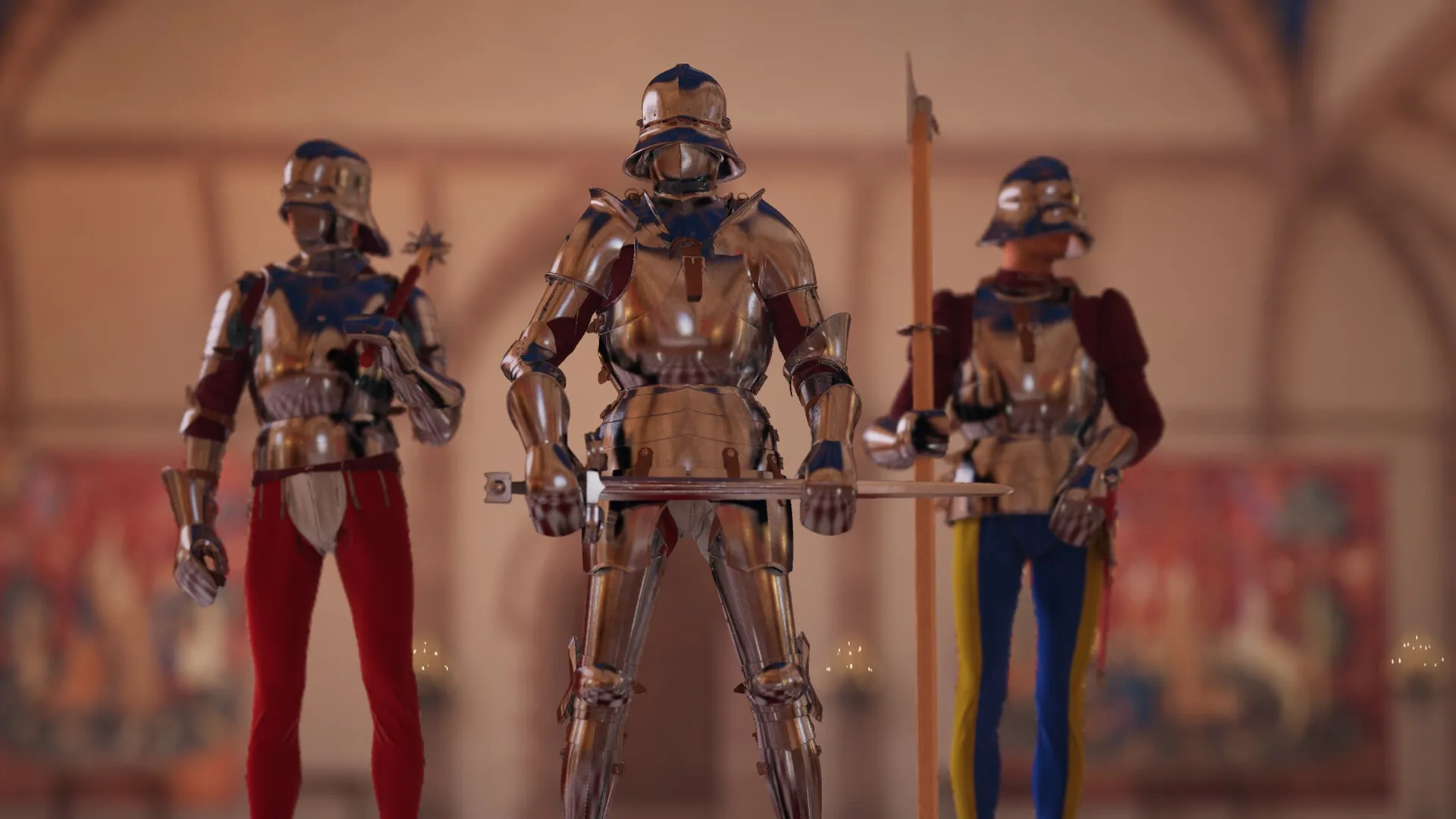 Half Sword: Three armored knights standing in a medieval hall, each holding a distinct weapon.