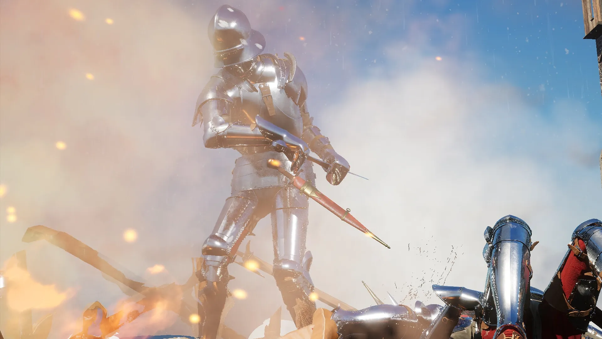 Half Sword: Armored knight standing amidst battlefield debris under a cloudy sky with sparks flying