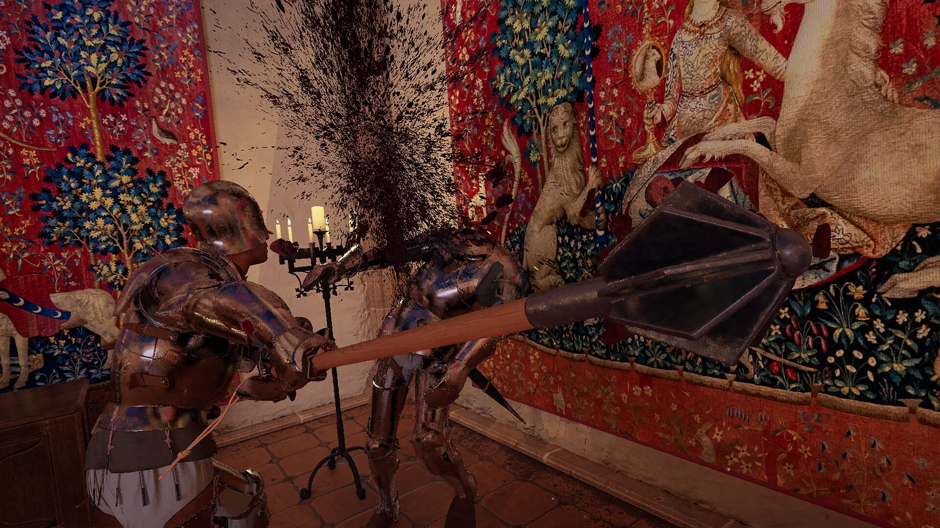 Half Sword: Knight strikes opponent with mace in ornate room, blood splattering against tapestry backdrop