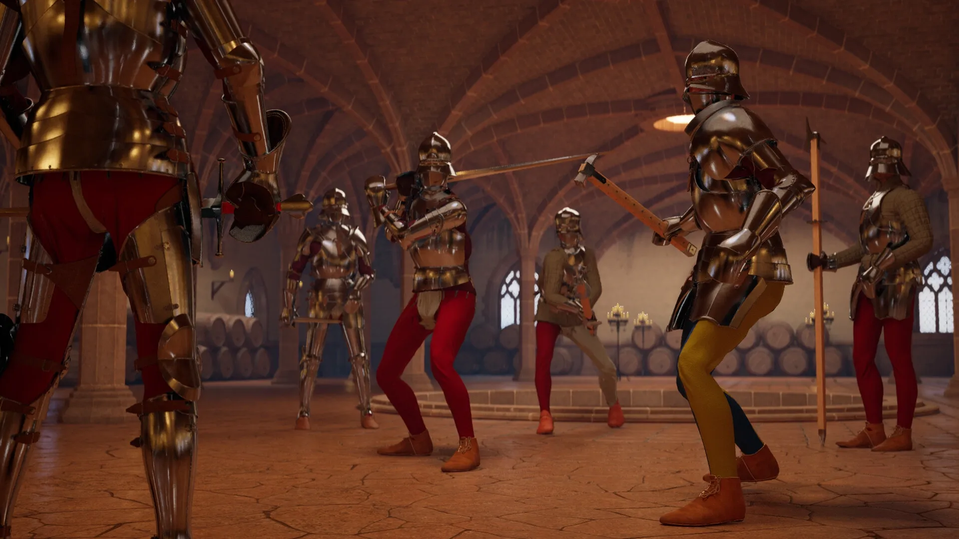 Half Sword: Knights in full armor engaged in combat inside a grand stone hall with arched ceilings