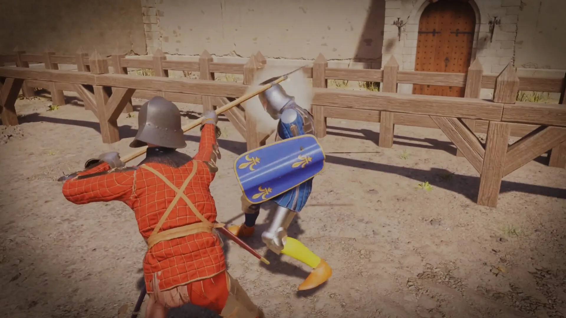 Half Sword: Intense melee combat between armored knights in a sandy courtyard with wooden fences