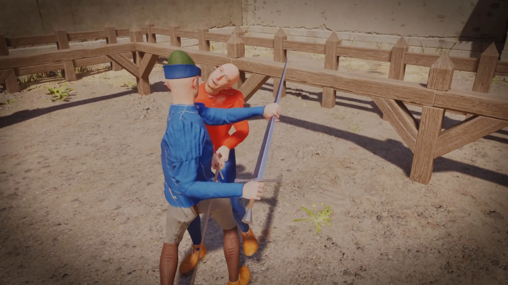 Half Sword: Two knights engage in sword combat within a sandy arena surrounded by wooden fencing.