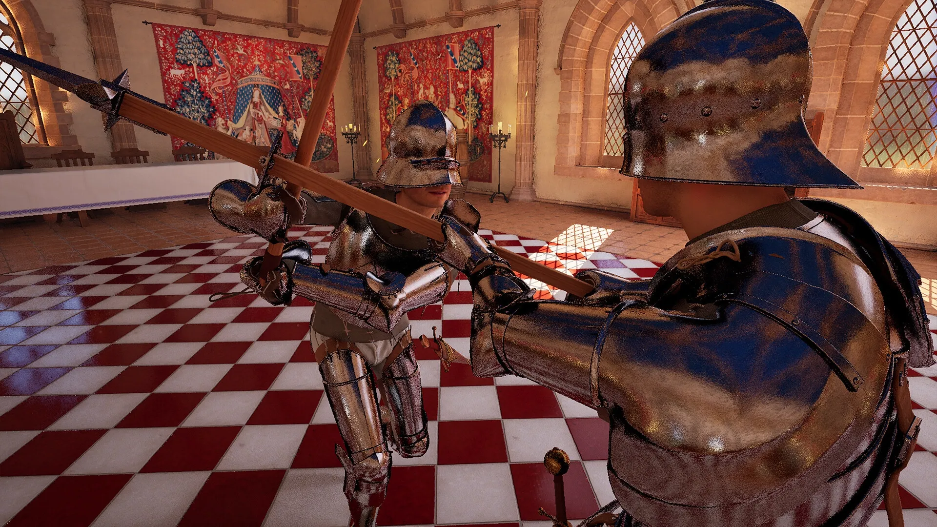 Half Sword: Two armored knights engage in intense sword combat inside a medieval hall with checkered floor.