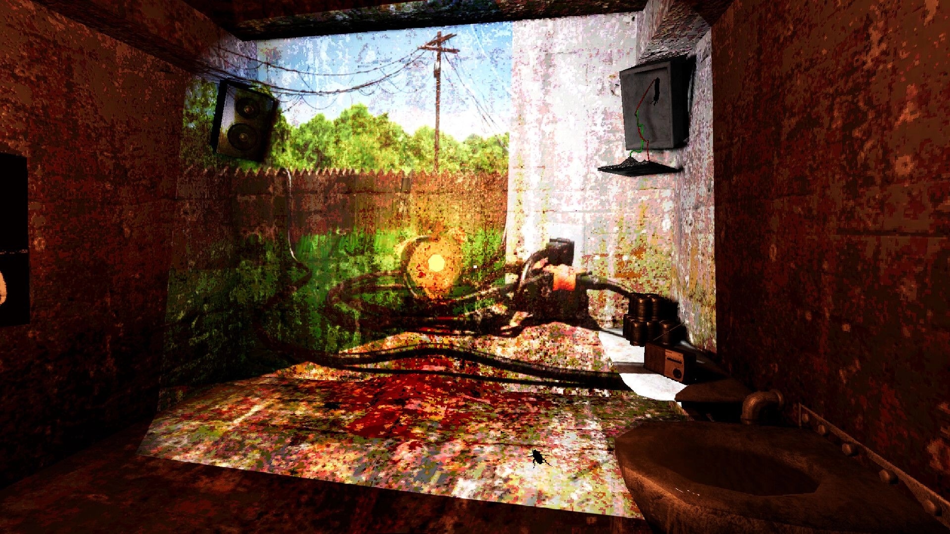 HAM HOLE: Blood-smeared bunk with writhing cables and glowing orb in a grimy cell room.