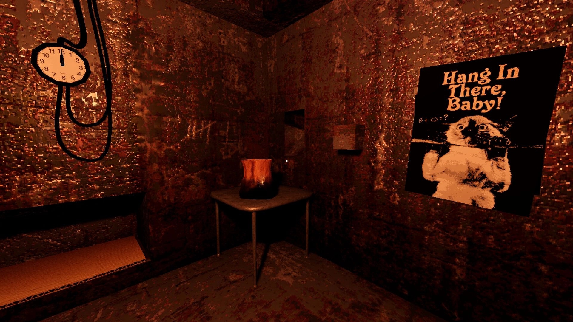 HAM HOLE: First-person view of rusty cell with bed, wall clock, table lamp, and cat poster.