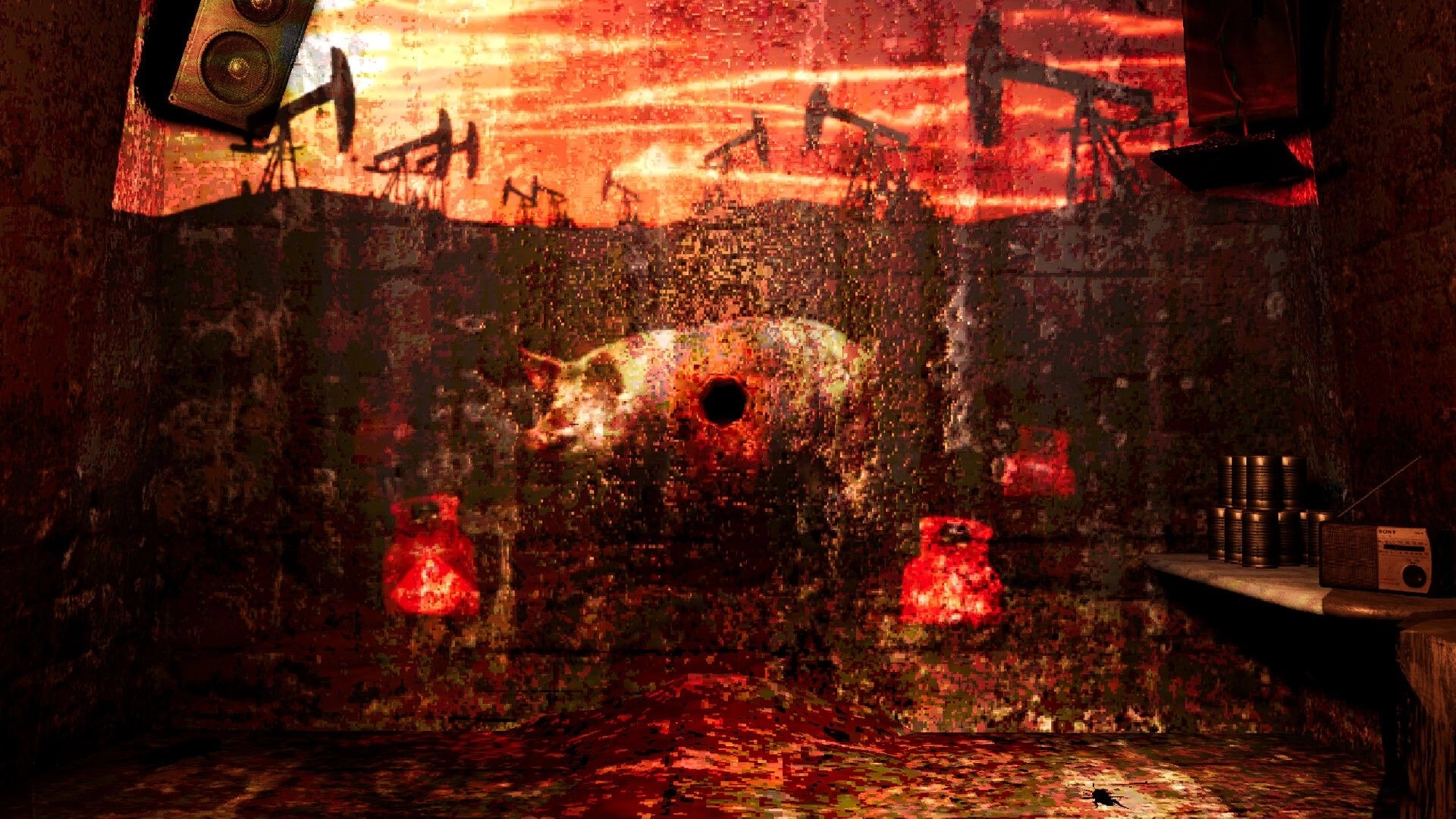 HAM HOLE: Blood-smeared pig head with a hole on a wall in a grimy room with cans and red jars.