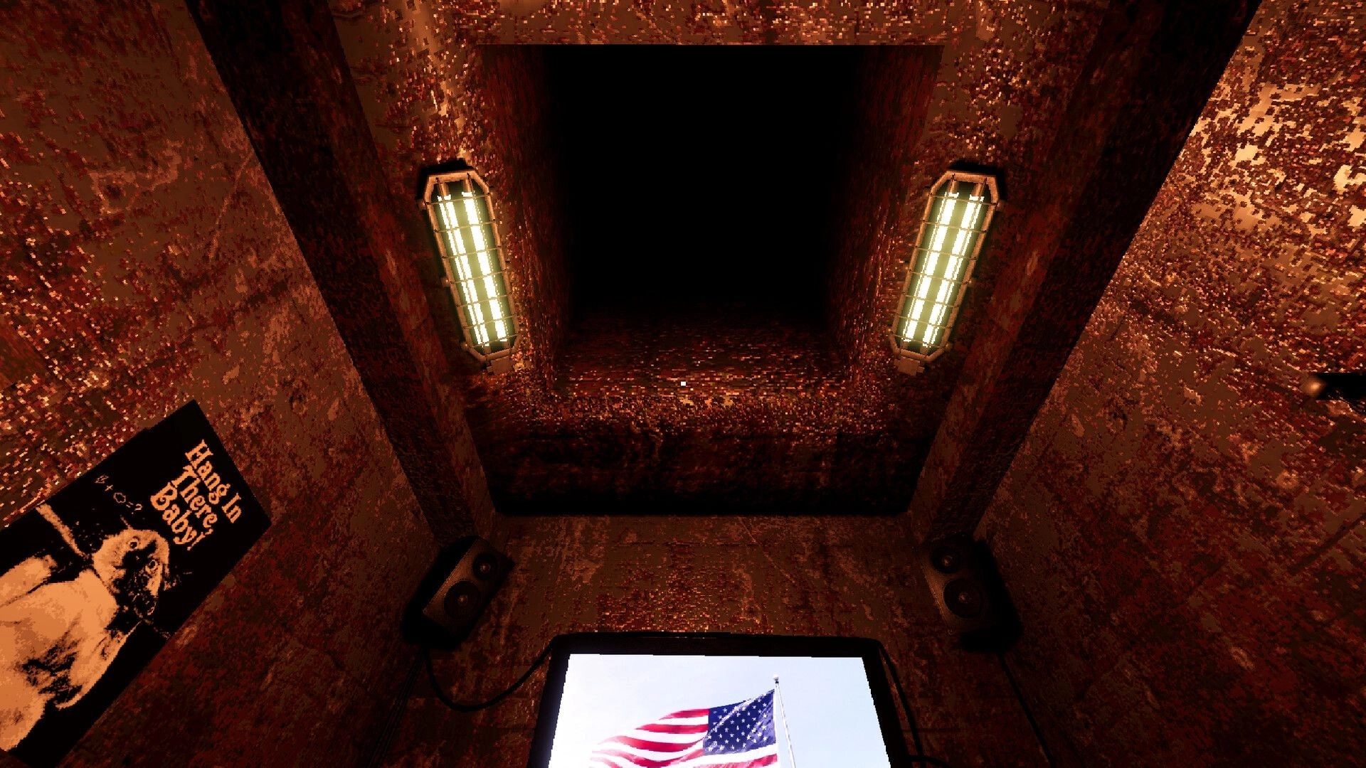 HAM HOLE: Looking up a rusty vent shaft lit by two caged lights, with TV and dog poster below.