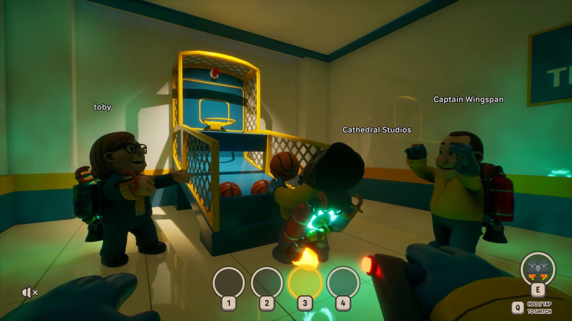 HAM: Three players aim basketballs at an arcade hoop, with name tags and hotbar UI in room.