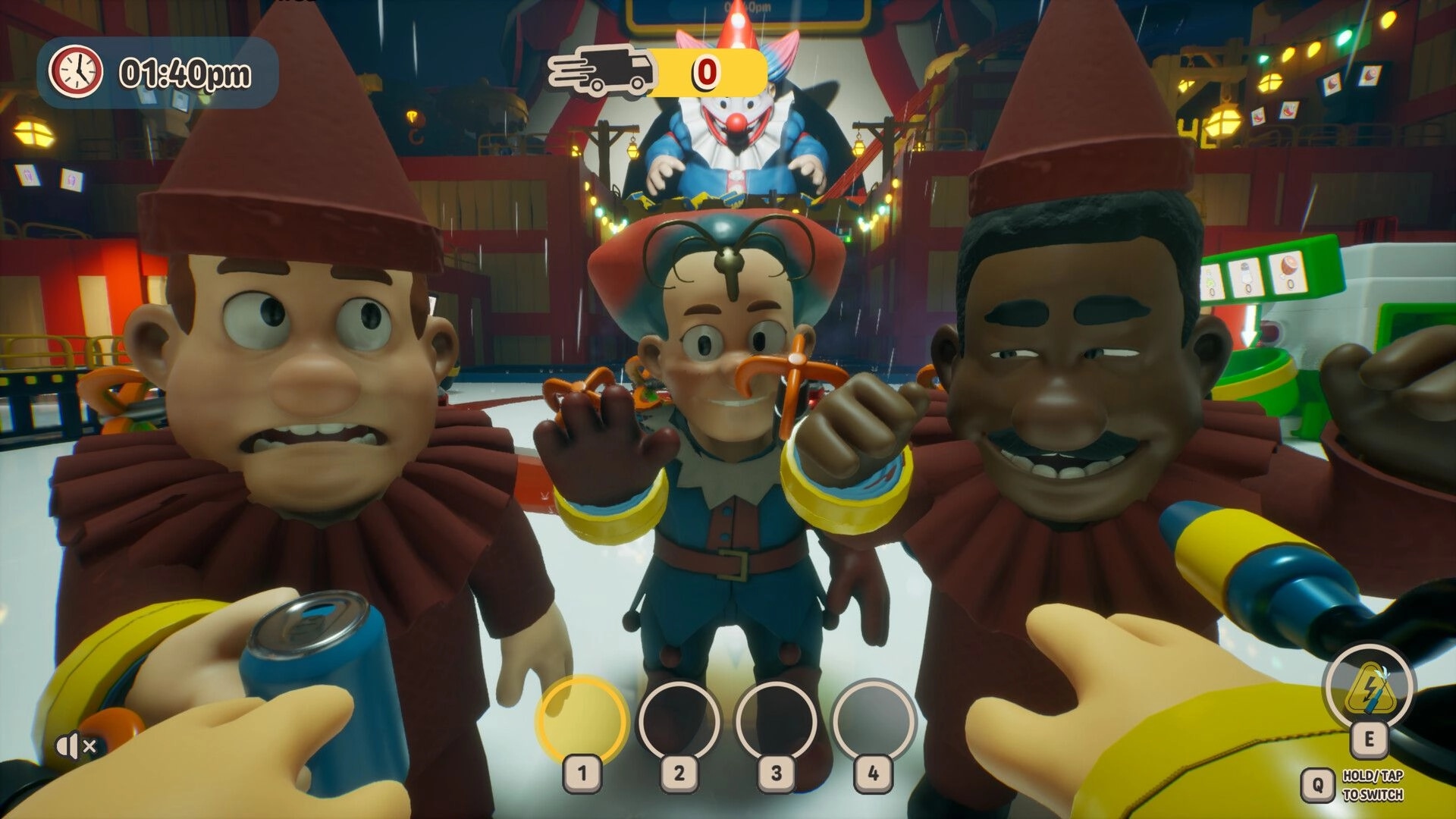 HAM: First-person view facing three workers and tool HUD in a rainy, neon-lit factory floor.