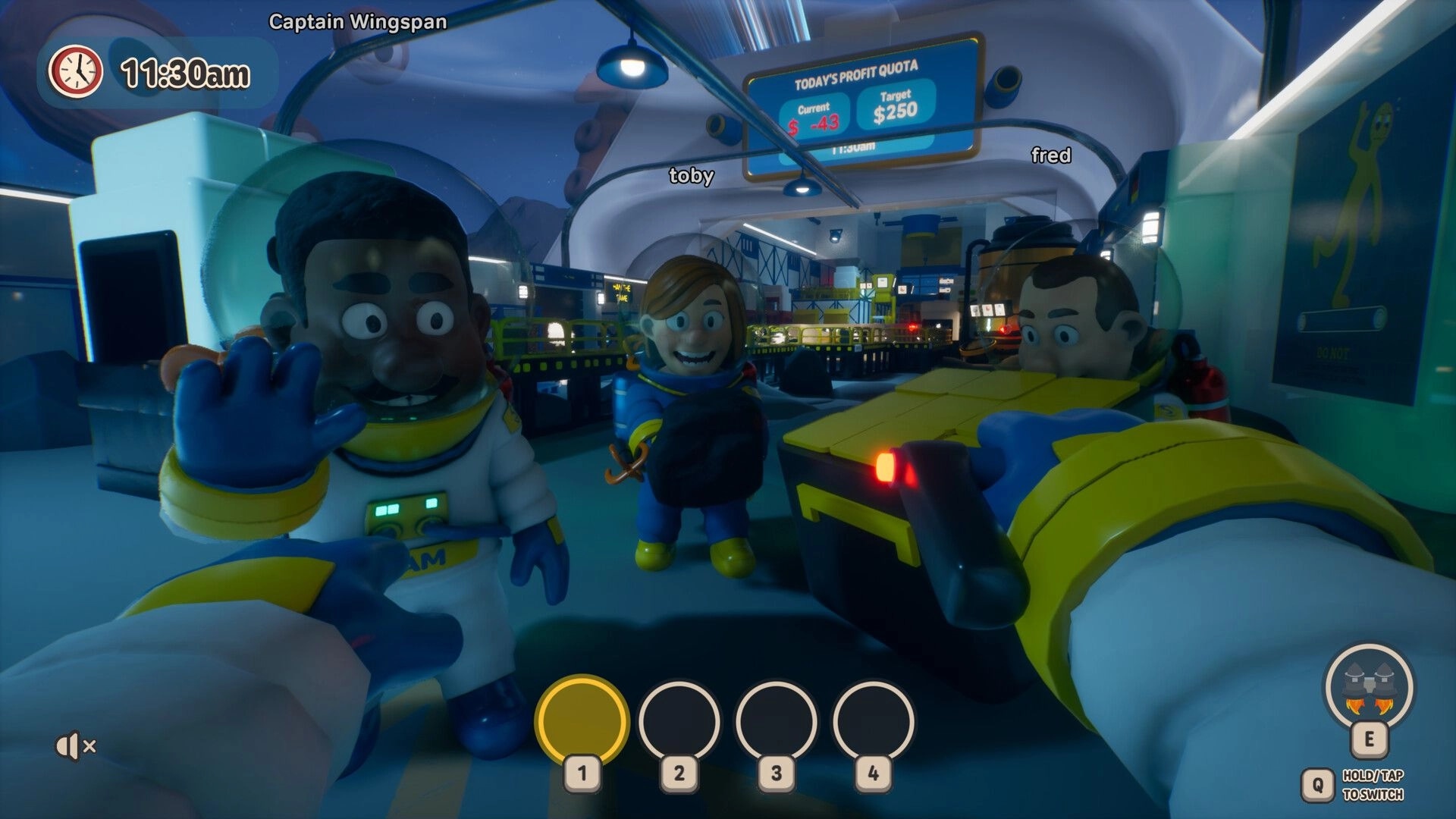 HAM: First-person view aiming a tool at coworkers by profit quota screen in a cluttered factory bay.