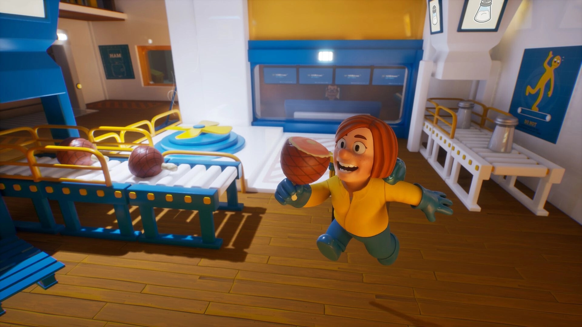 HAM: Worker runs holding a ham leg past conveyor belts and posters in a bright factory room.