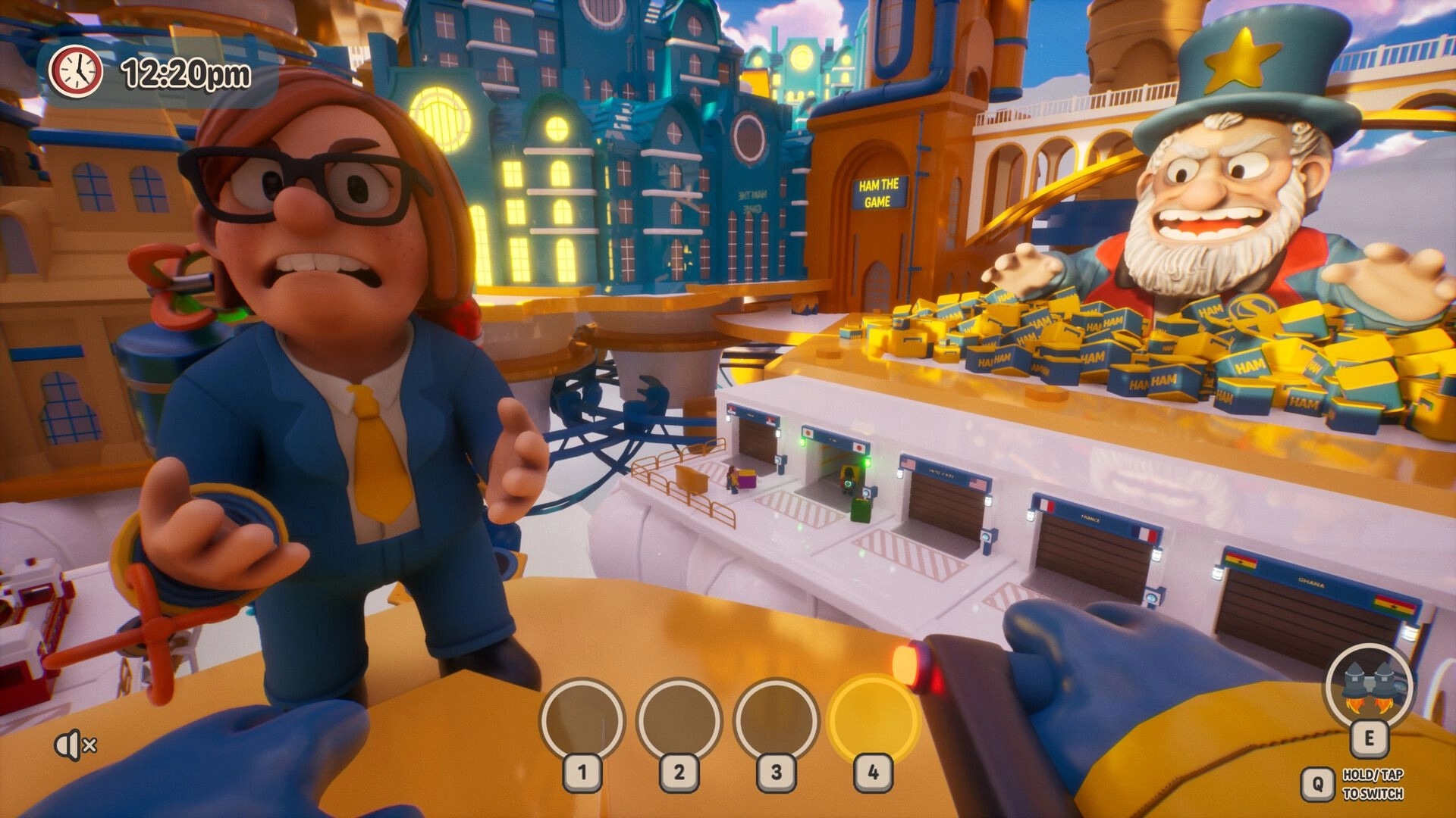 HAM: First-person worker faces angry boss by HAM pile, 12:20pm UI over factory rooftops.