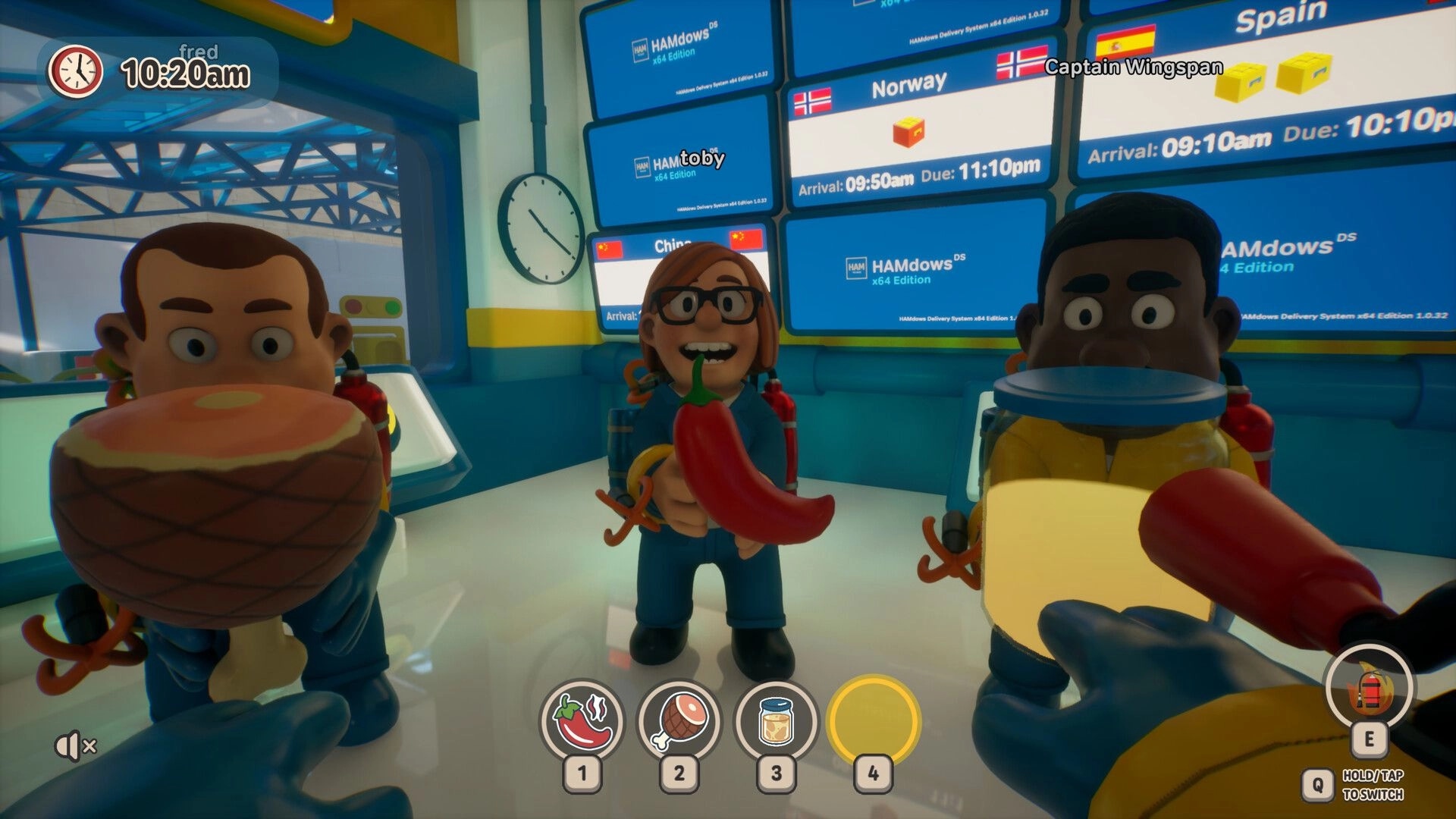 HAM: Co-op players hold steak, chili, and cheese with order boards for Norway and Spain in factory hub.