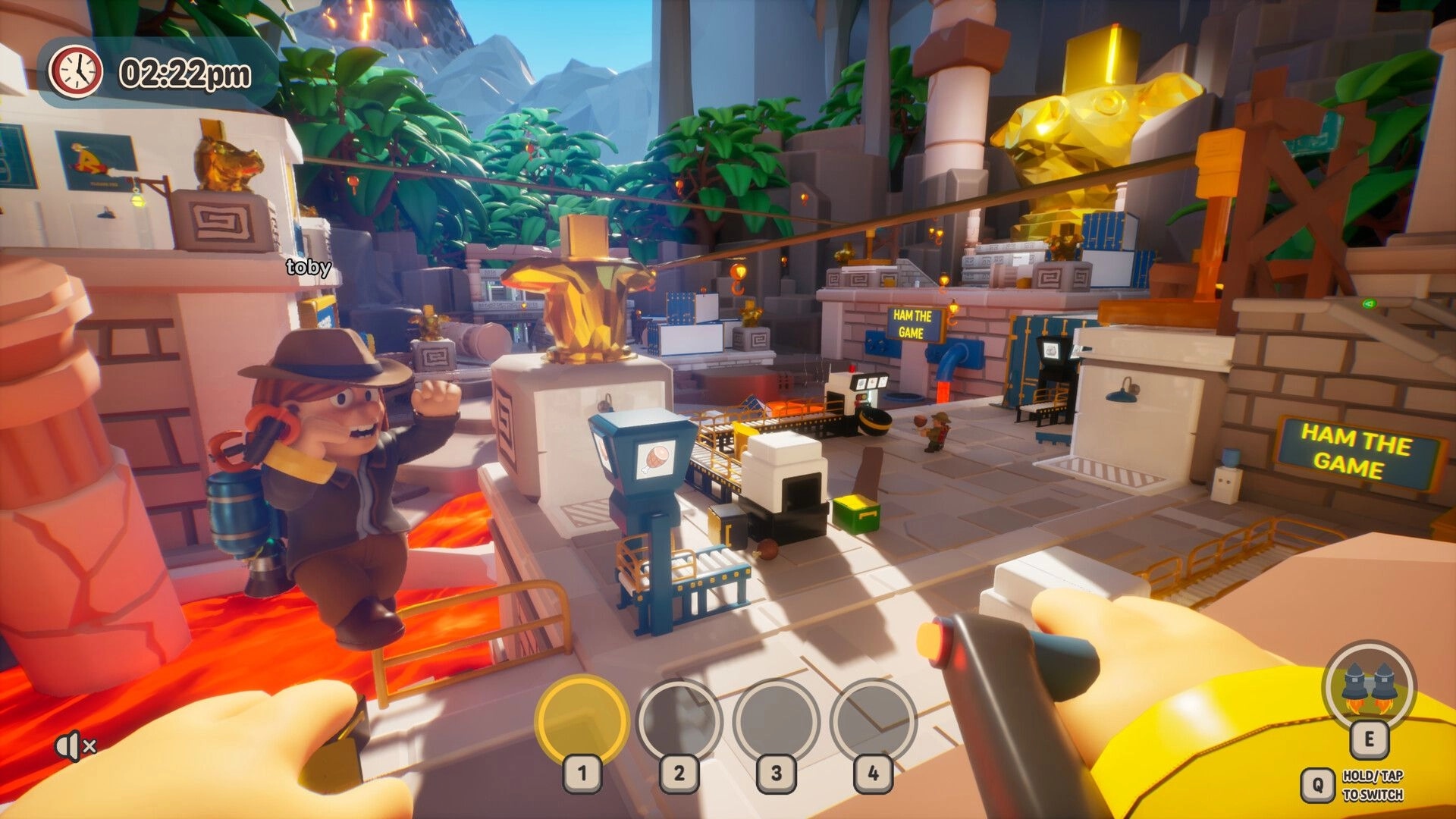 HAM: First-person view aiming a tool at conveyor machines beside lava in a jungle factory yard.