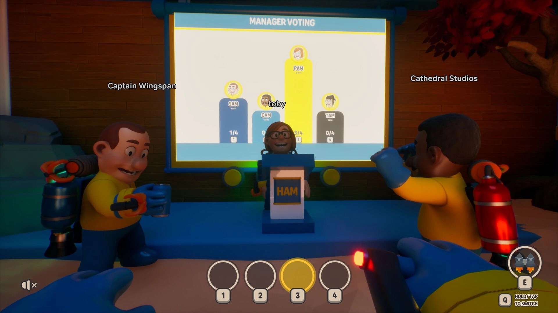 HAM: Manager voting screen with bar chart and players around a podium in a wooden room.