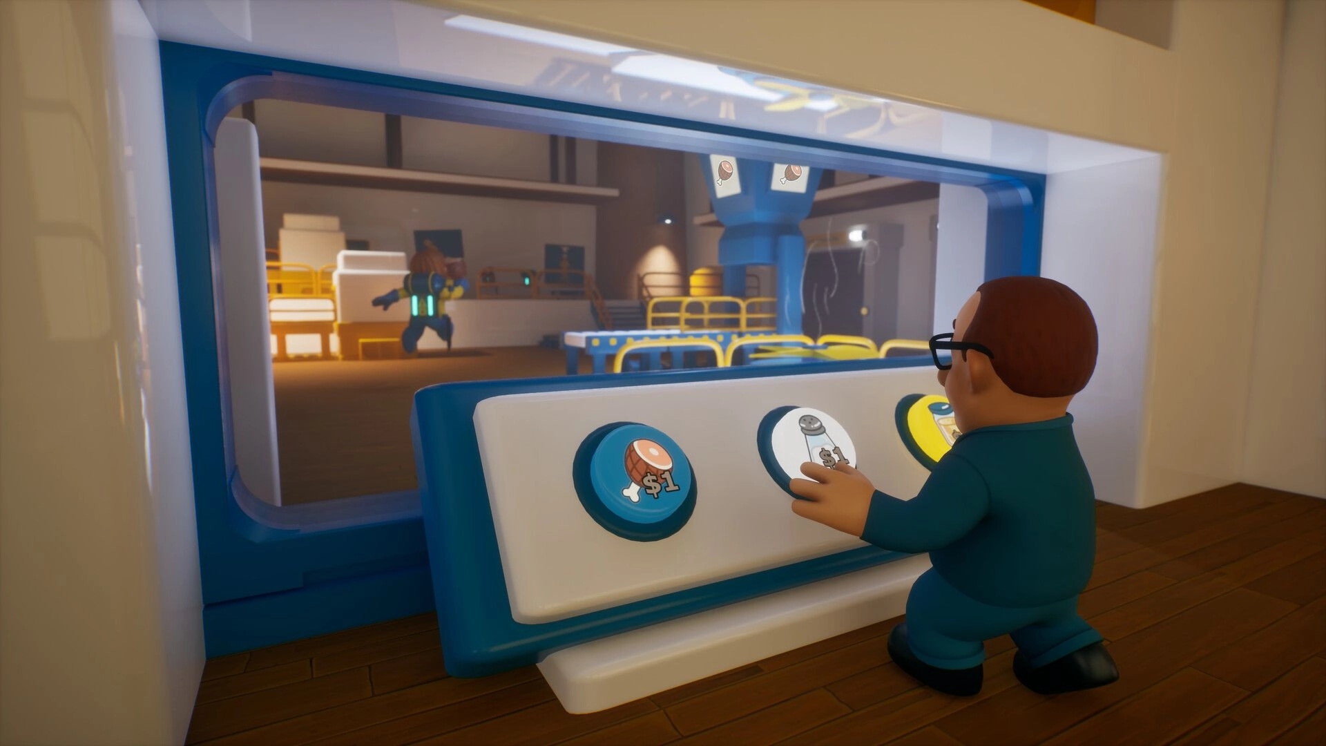 HAM: Worker presses order buttons at a control panel overlooking a busy factory floor through a window.