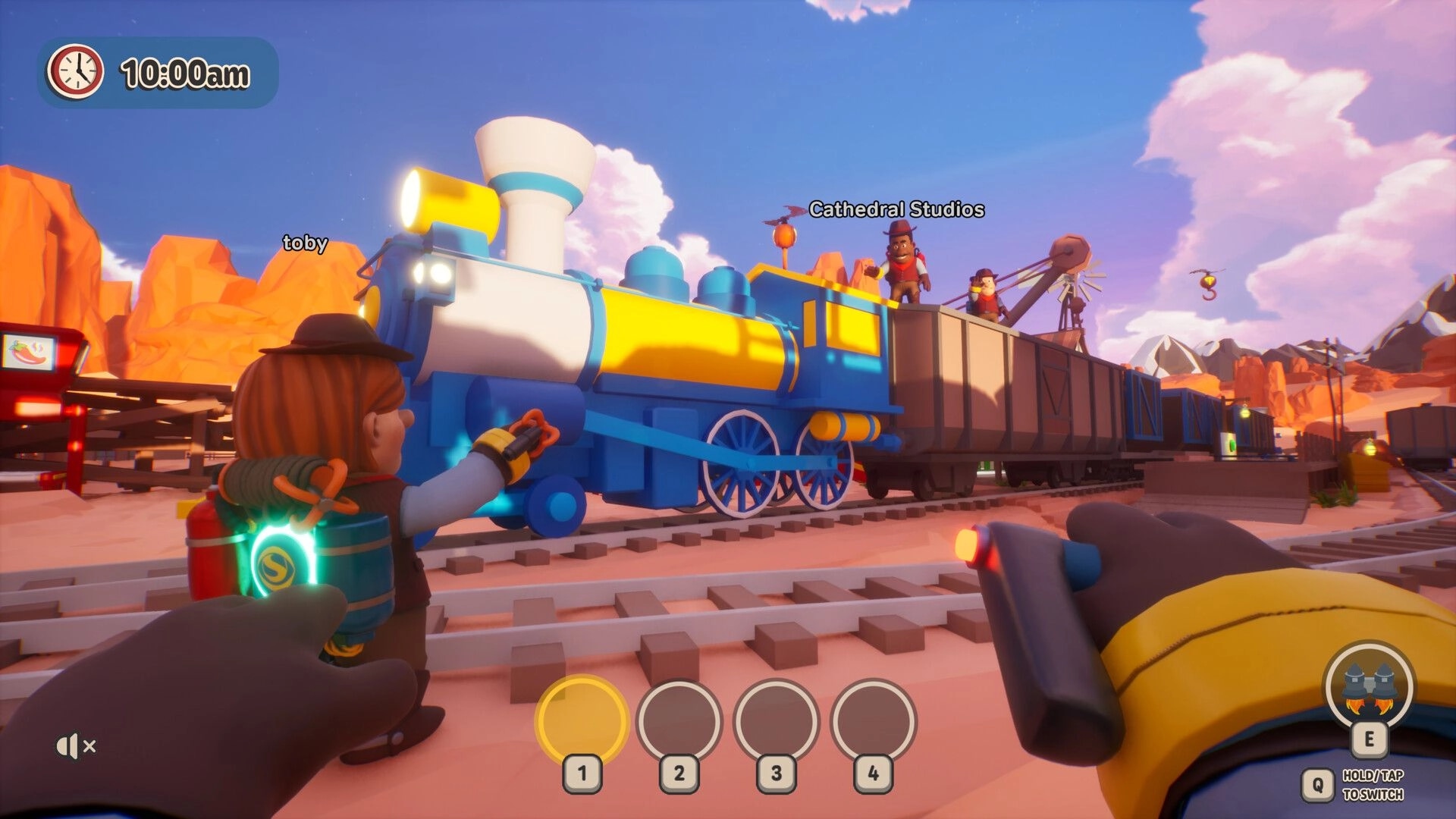 HAM: First-person view aiming tool at blue locomotive as teammates stand on cars in desert yard.