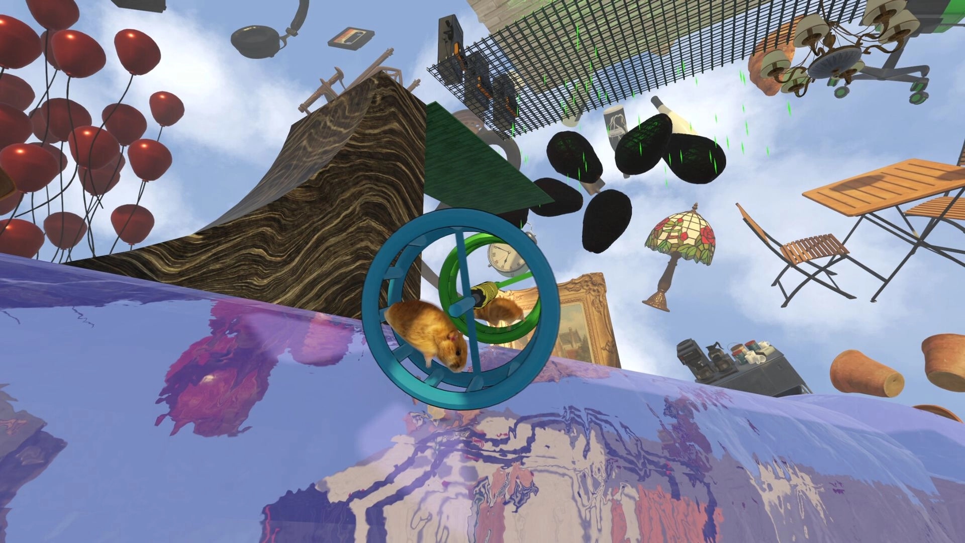 Hamsteria: Two hamsters in linked wheels roll on a glossy slope amid floating furniture and balloons.