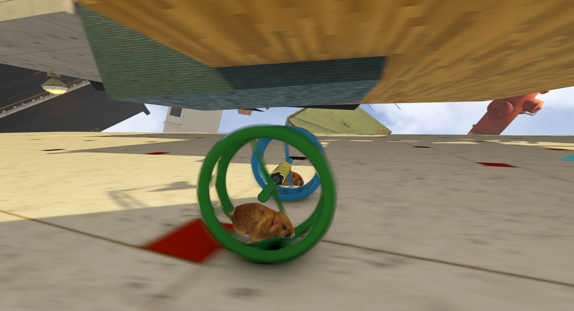 Hamsteria: Two hamsters in linked wheels rolling down a sloped platform beneath hanging obstacles.