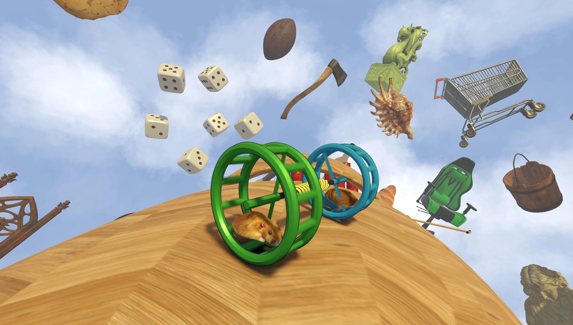 Hamsteria: Two hamsters in linked green and blue wheels roll on a wooden slope amid floating objects.