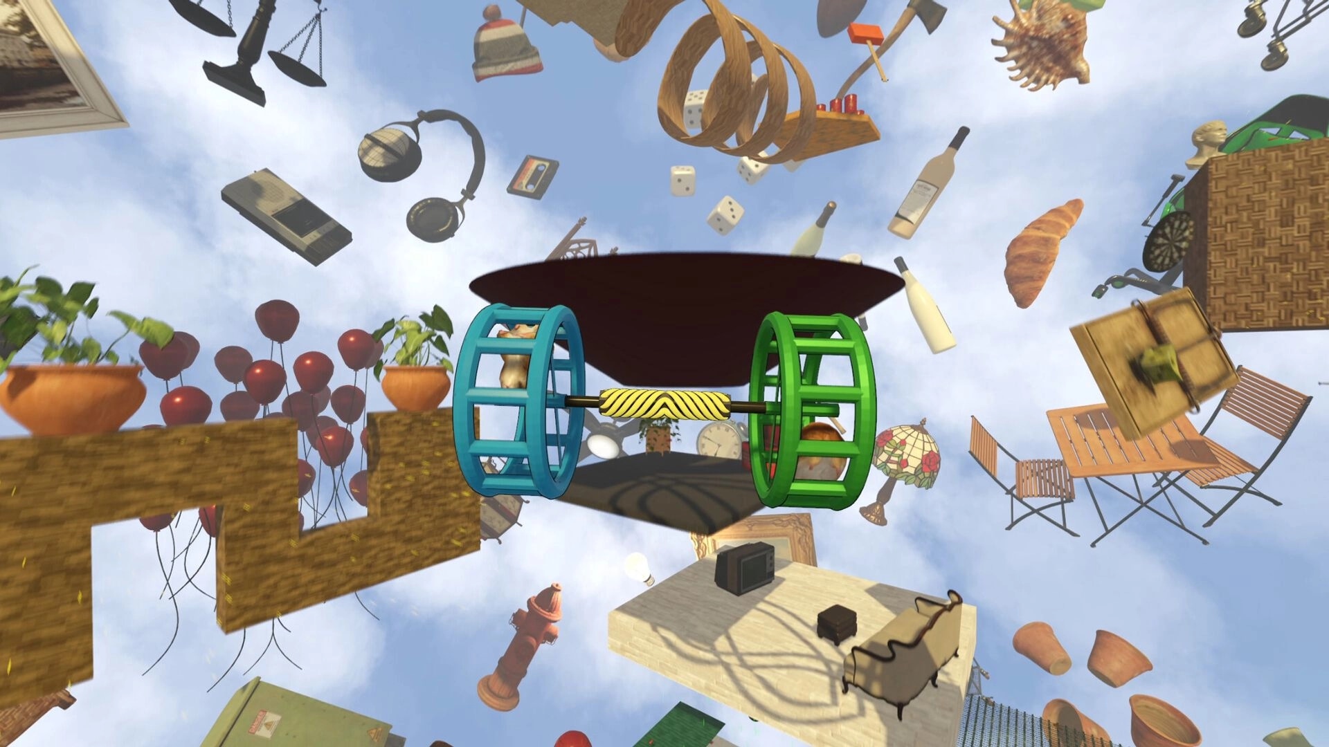 Hamsteria: Two hamsters in linked blue and green wheels leap across floating junk in the sky level.