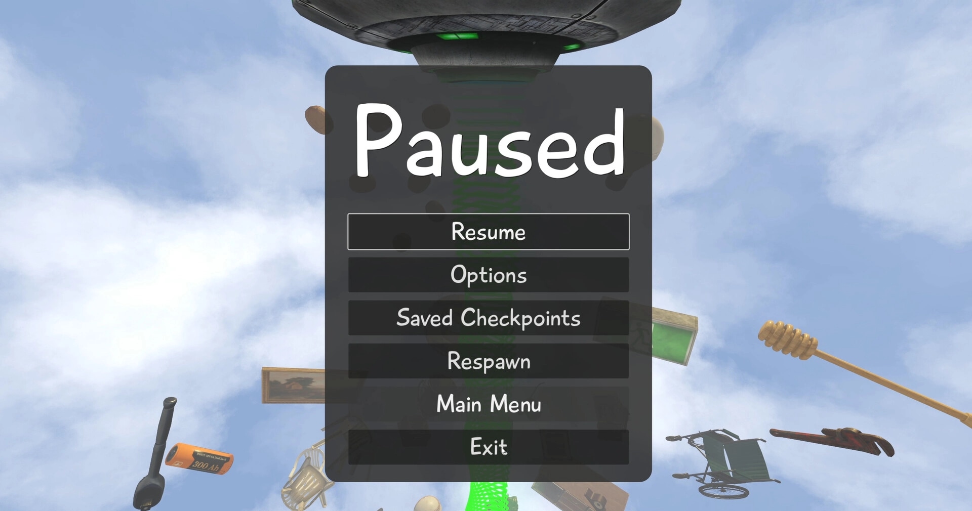 Hamsteria: Paused menu with Resume and Options buttons over floating junk in a cloudy sky level.