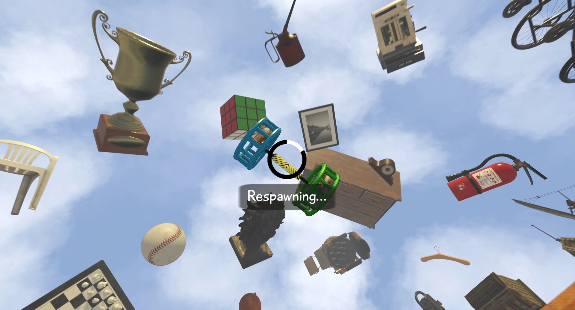 Hamsteria: Respawning UI over two hamster wheels tumbling through a sky full of floating objects.