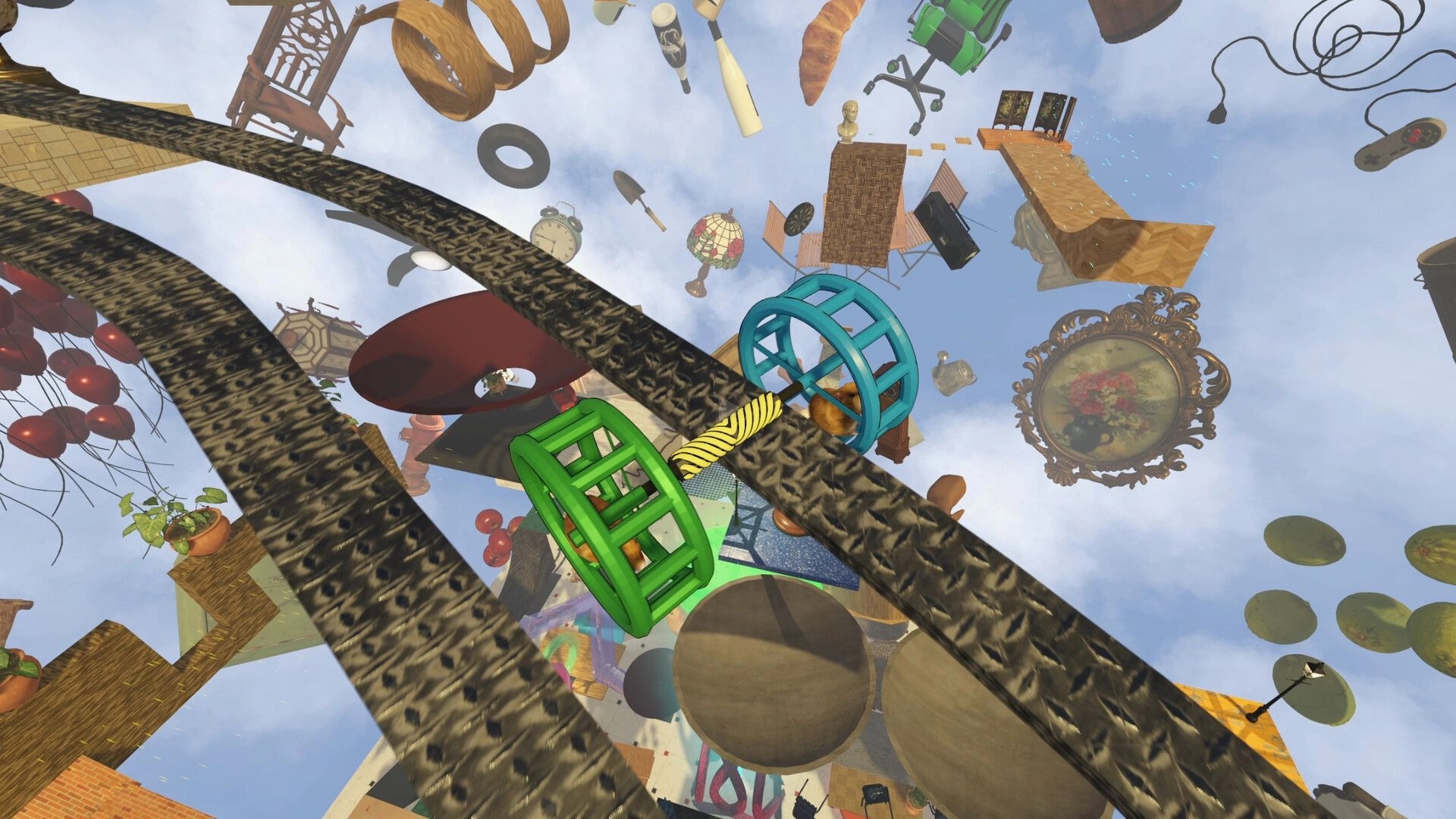 Hamsteria: Two hamsters in green and blue wheels on a narrow track amid floating junk in sky level.