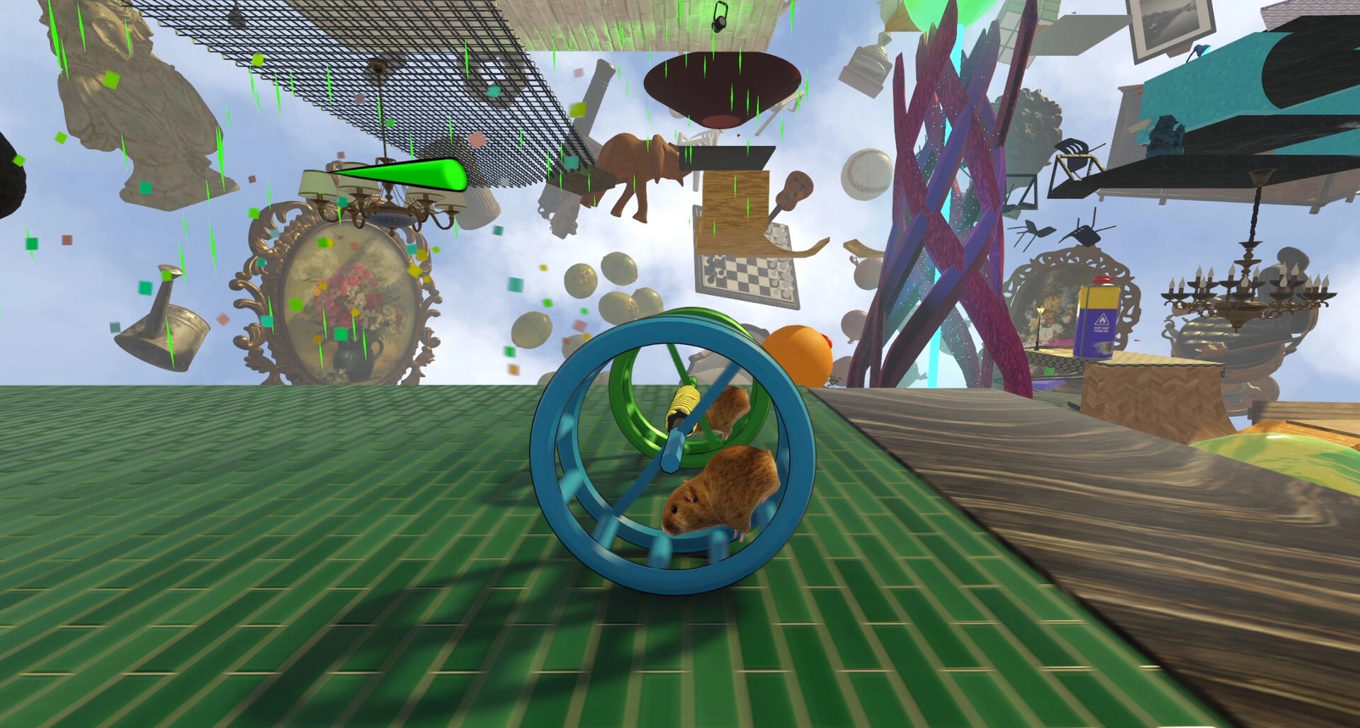 Hamsteria: Two hamsters run in linked wheels on a green platform amid floating junk and confetti rain.