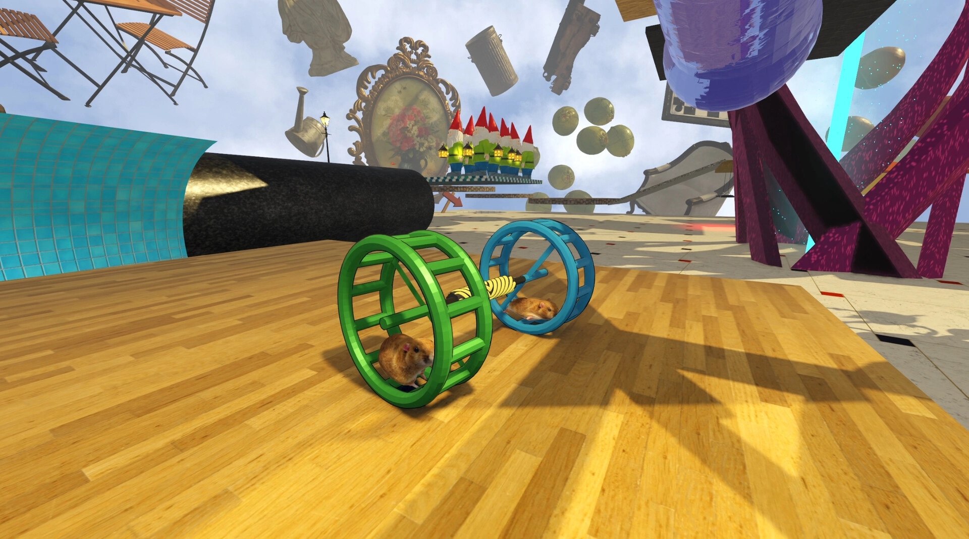 Hamsteria: Two hamsters in linked green and blue wheels on a surreal floating obstacle course.