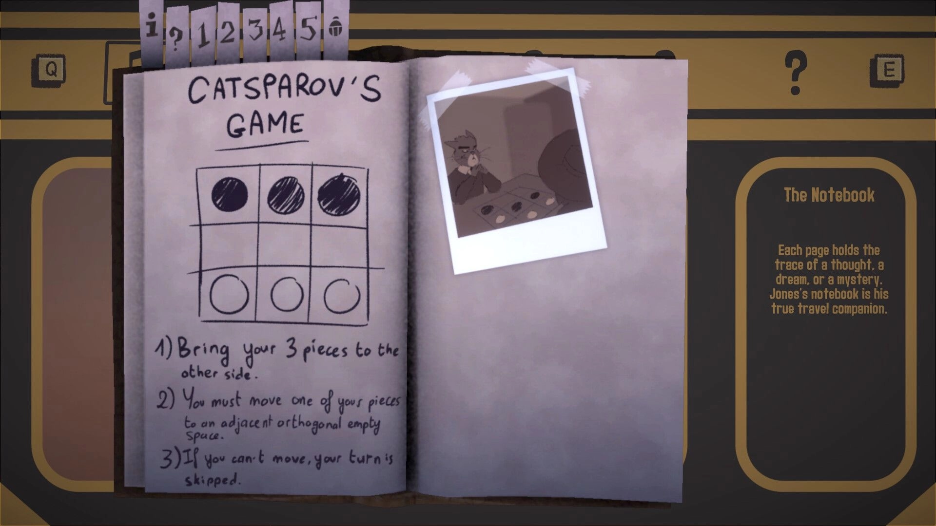 HAMSTERMIND: Puzzle notebook open to CatSparov's game with rules and photo clue in ancient pyramid setting.
