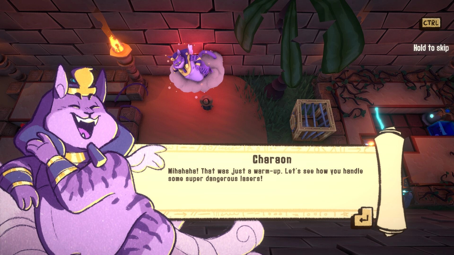 HAMSTERMIND: Hamster Jones faces Charaon in a pyramid room with animated dialogue and torch-lit walls.