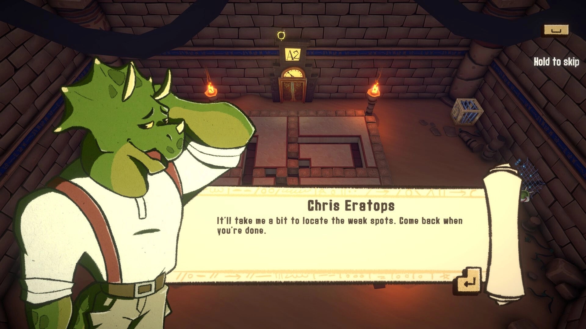 HAMSTERMIND: Chris Eratops gives advice in a stone chamber with a locked door and puzzle floor.