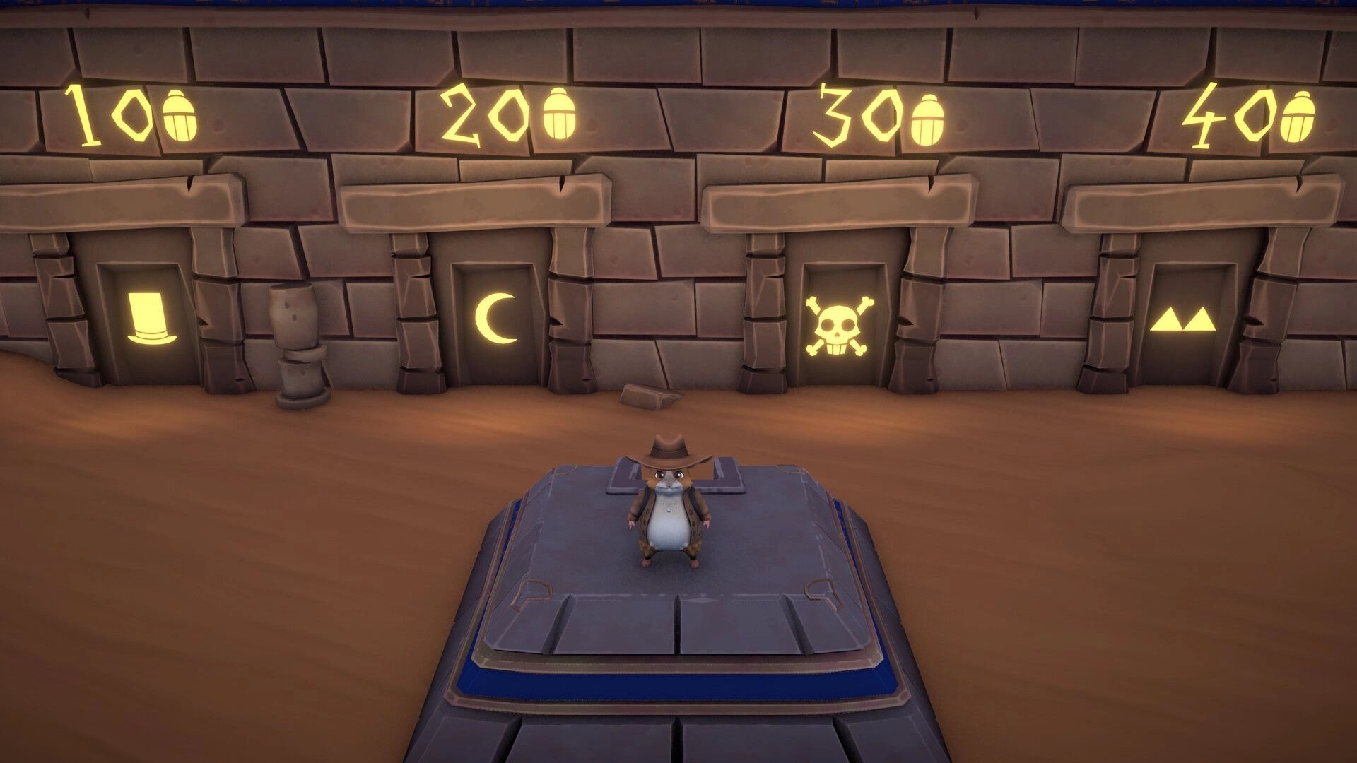 HAMSTERMIND: Hamster Jones stands before four symbol-marked doors inside a mysterious pyramid chamber.
