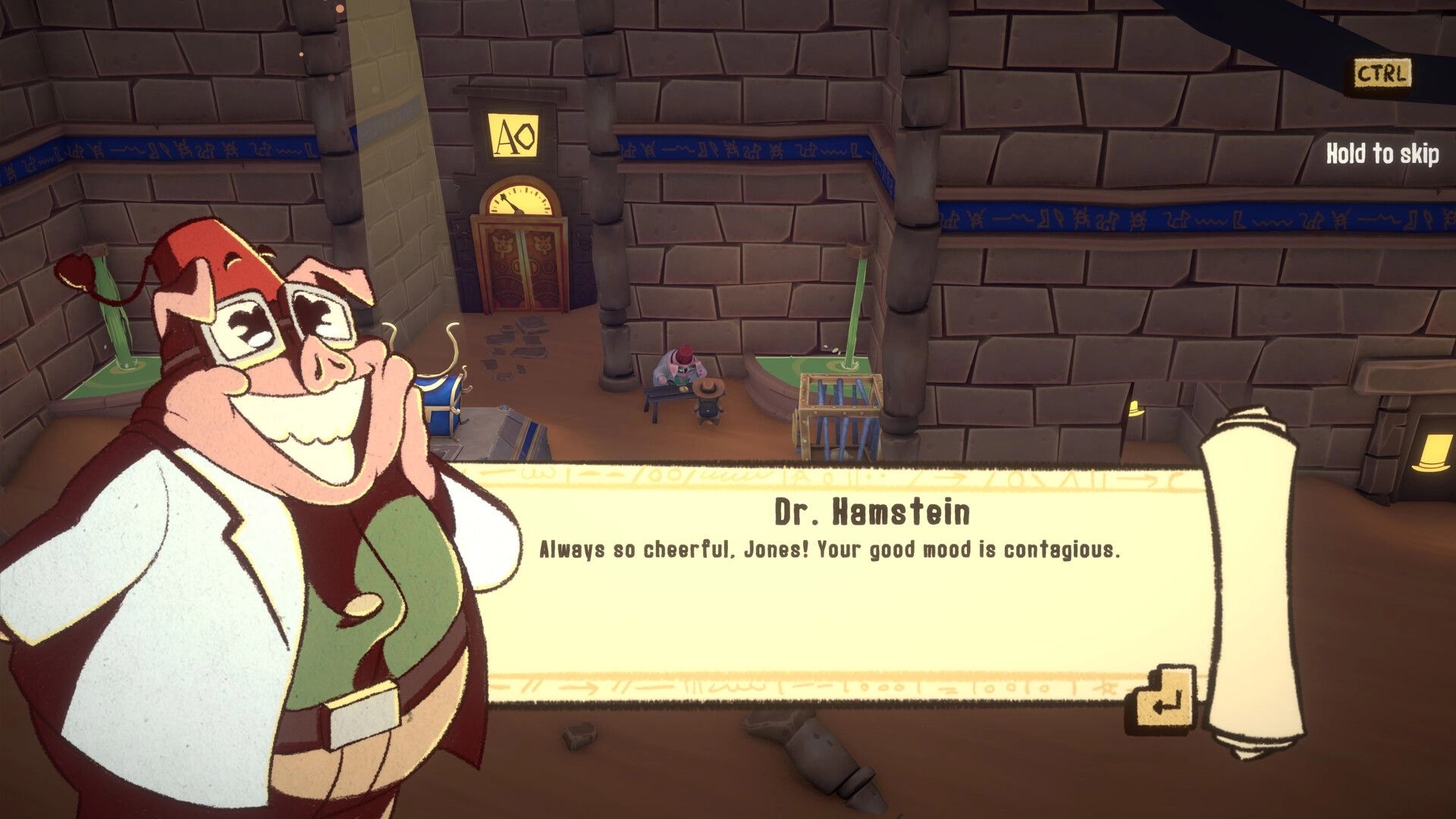 HAMSTERMIND: Dr. Hamstein dialogue with Hamster Jones inside ancient pyramid chamber with hieroglyphics.
