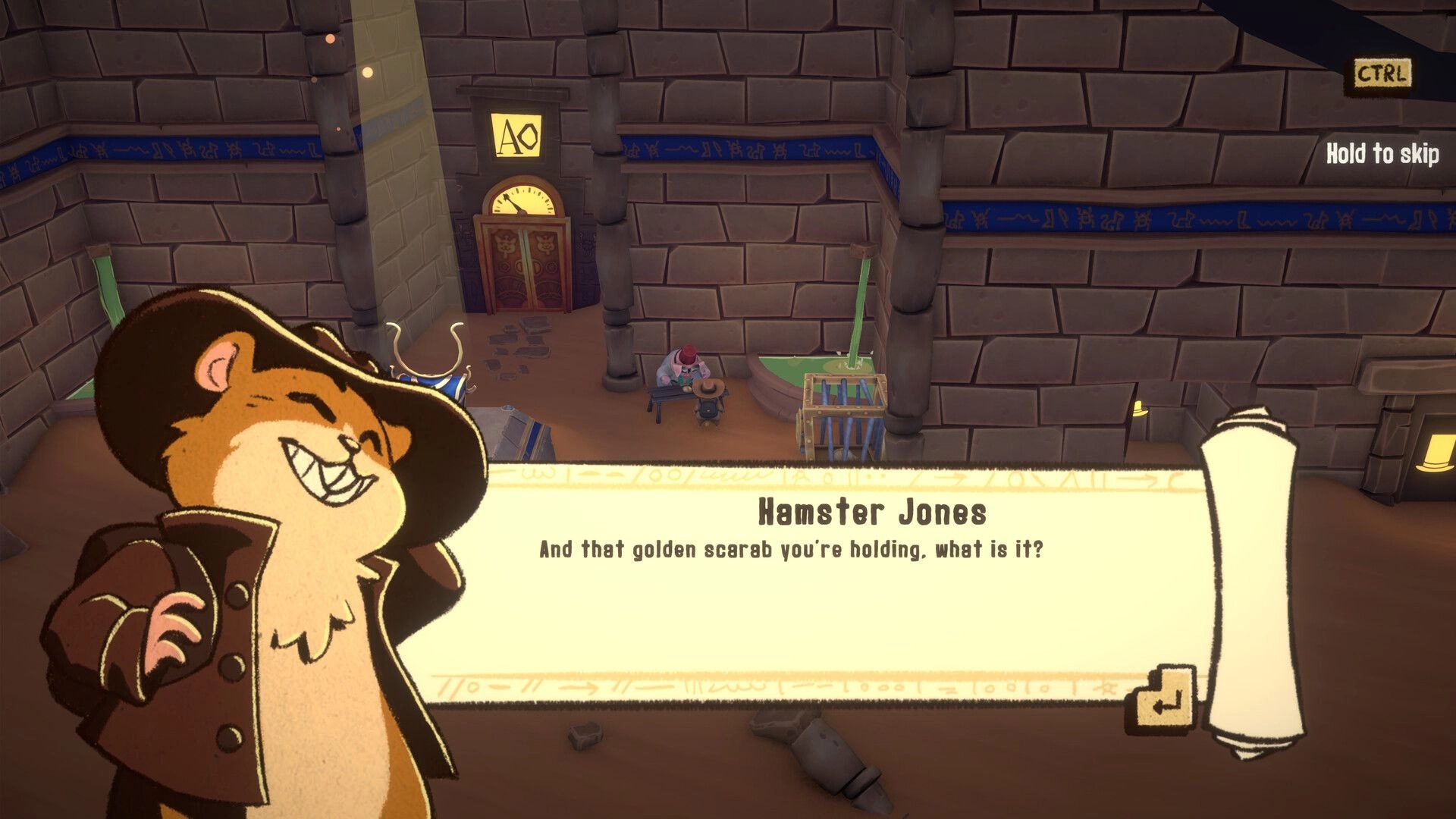 HAMSTERMIND: Hamster Jones converses with NPC in ancient pyramid interior, dialogue box displayed.