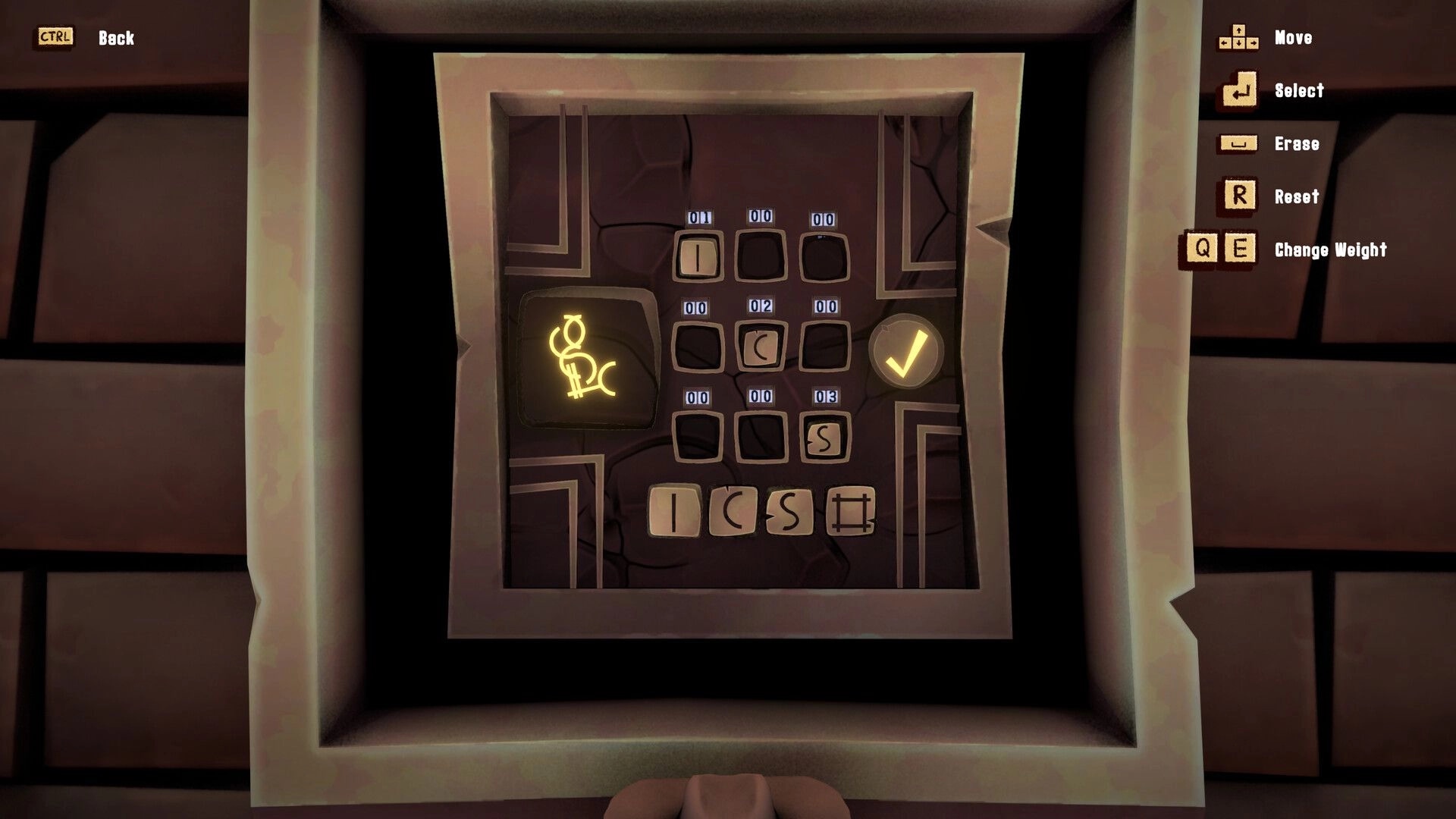 HAMSTERMIND: Puzzle interface with symbols and buttons inside a stone chamber, control keys on the right.
