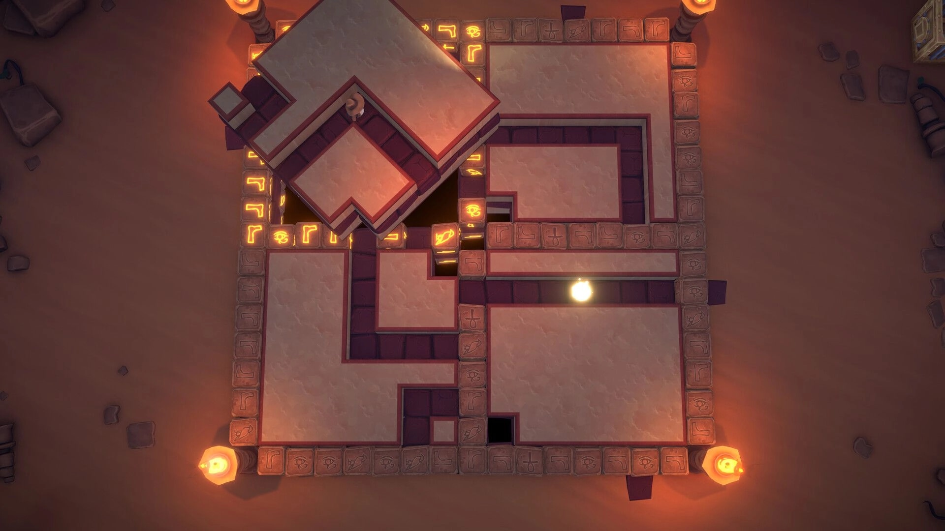 HAMSTERMIND: Hamster Jones navigating maze with glowing hieroglyphs in dimly lit pyramid chamber